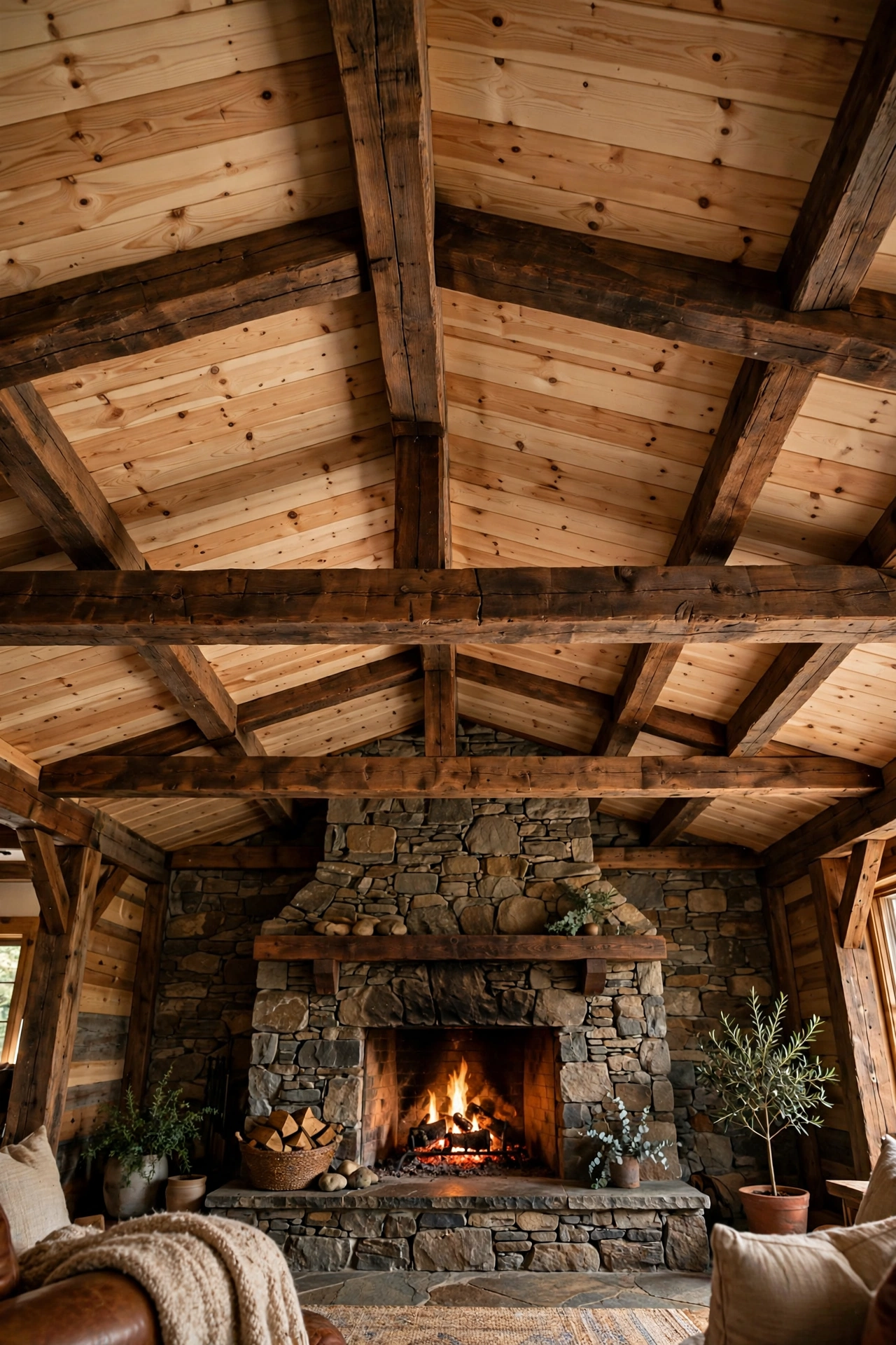 Wood plank ceiling with chunky exposed wooden beams in a rustic great room