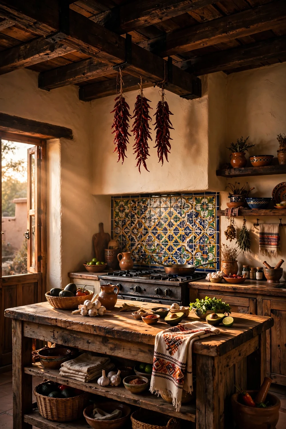 Dark rustic wooden ceiling beams in a warm Mexican style kitchen