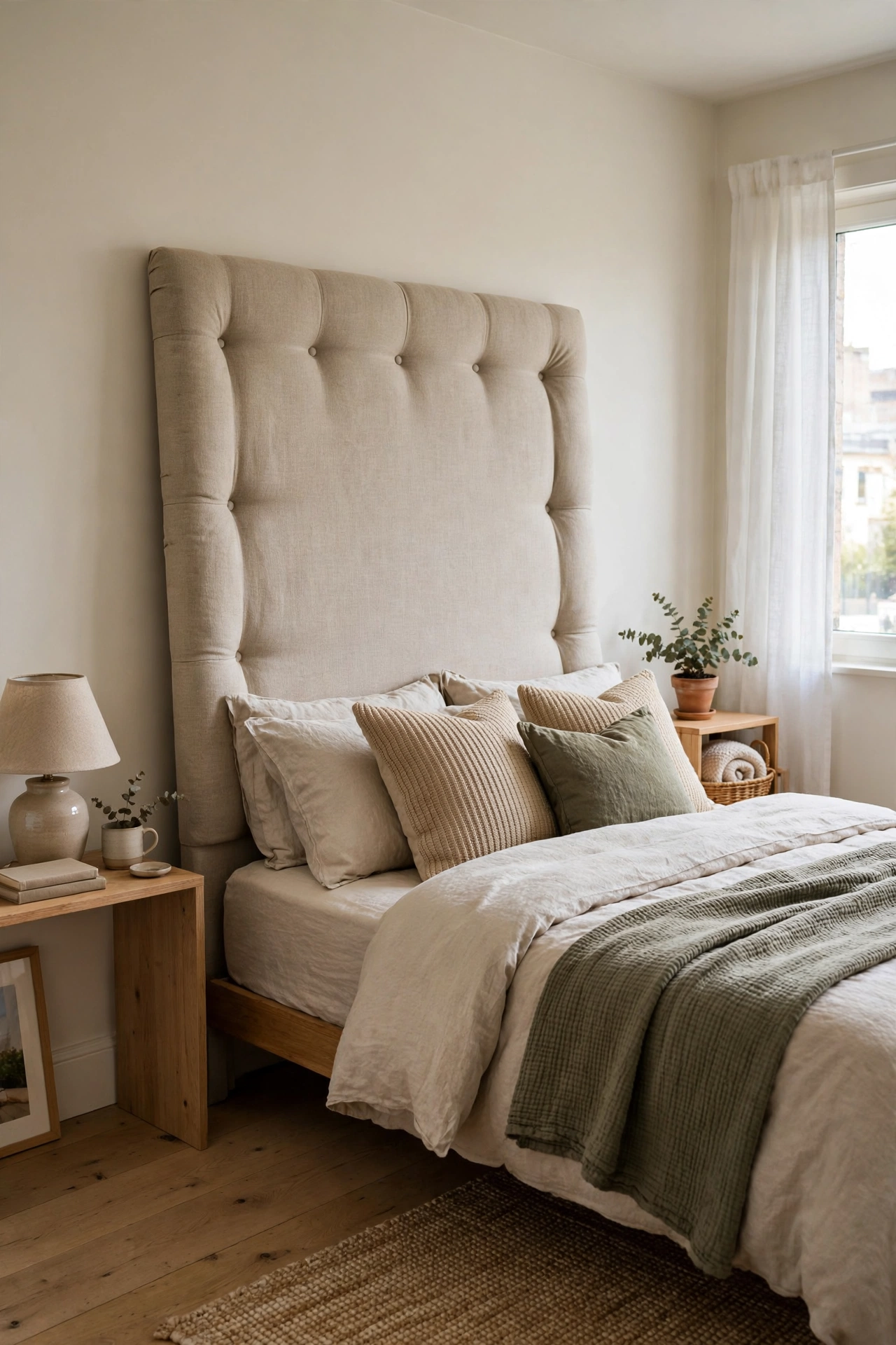 Rental bedroom with tall upholstered fabric headboard leaning against wall