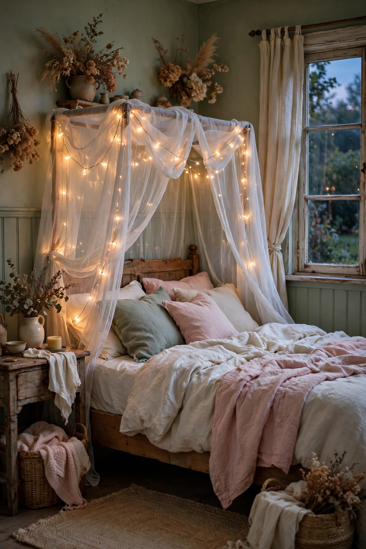 Bed with a sheer white canopy and warm fairy lights glowing in a cozy evening bedroom