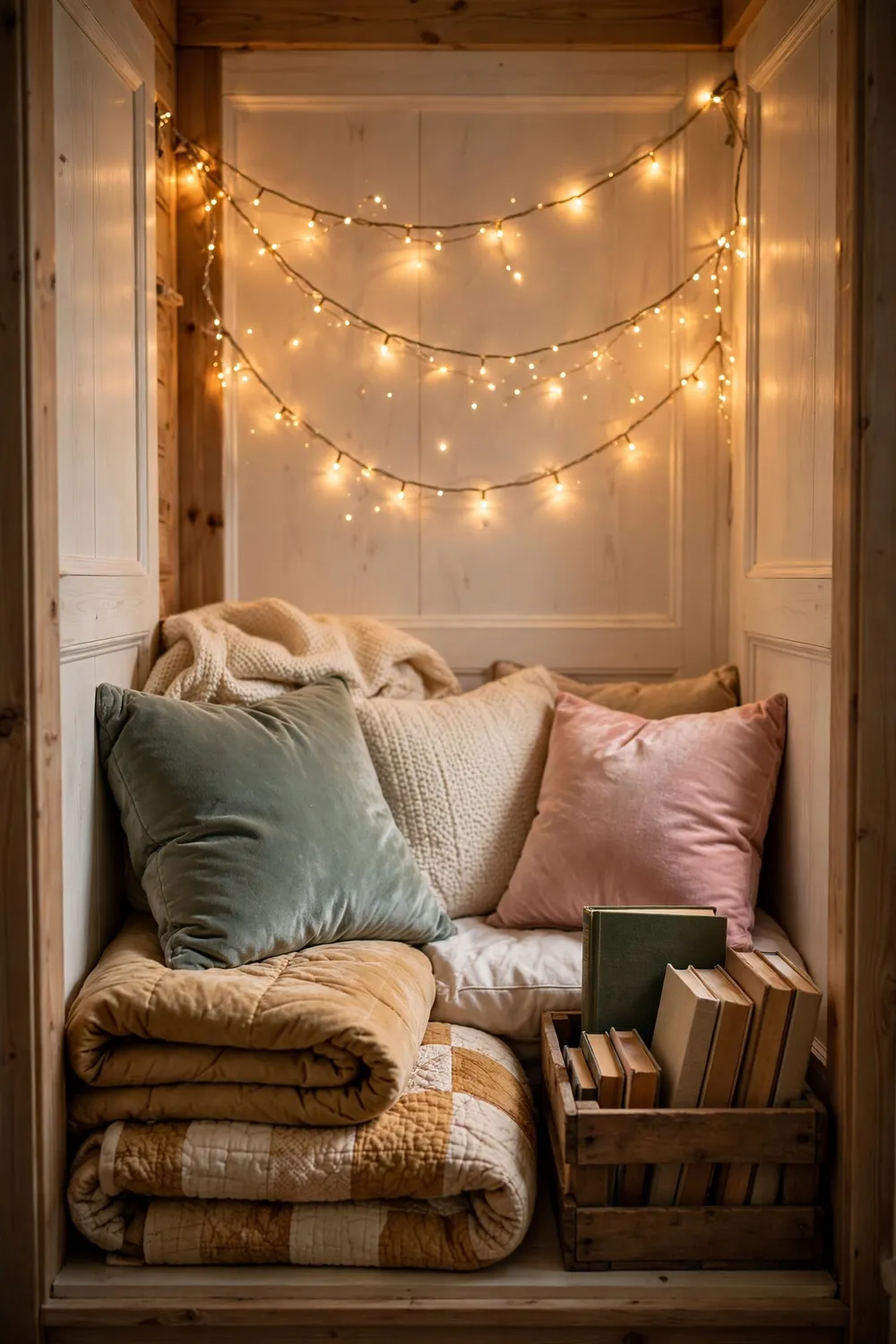 Cozy closet reading nook loft with fairy lights cushions and bookshelves
