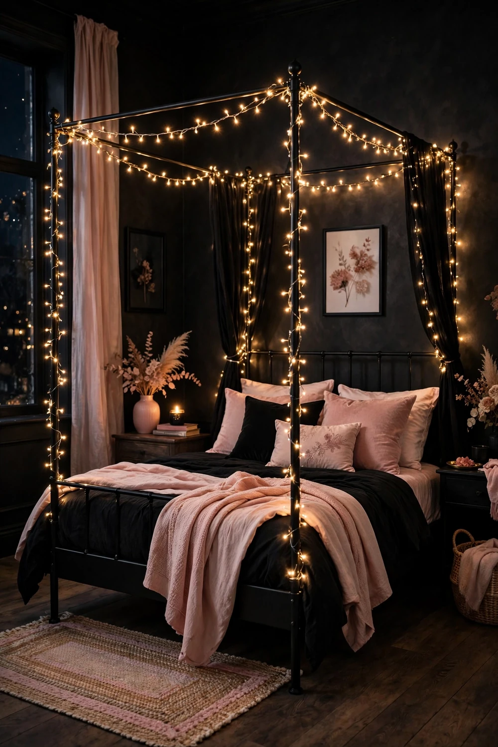 Black canopy bed wrapped in warm fairy string lights glowing at night