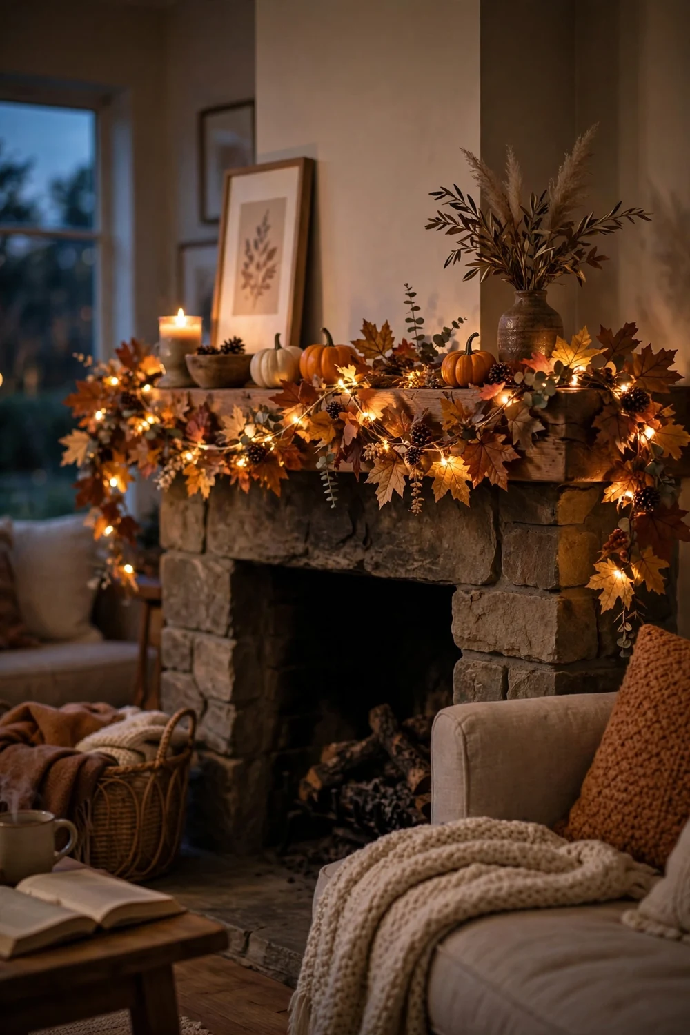 Fall garland with warm fairy lights woven through on a mantel at dusk