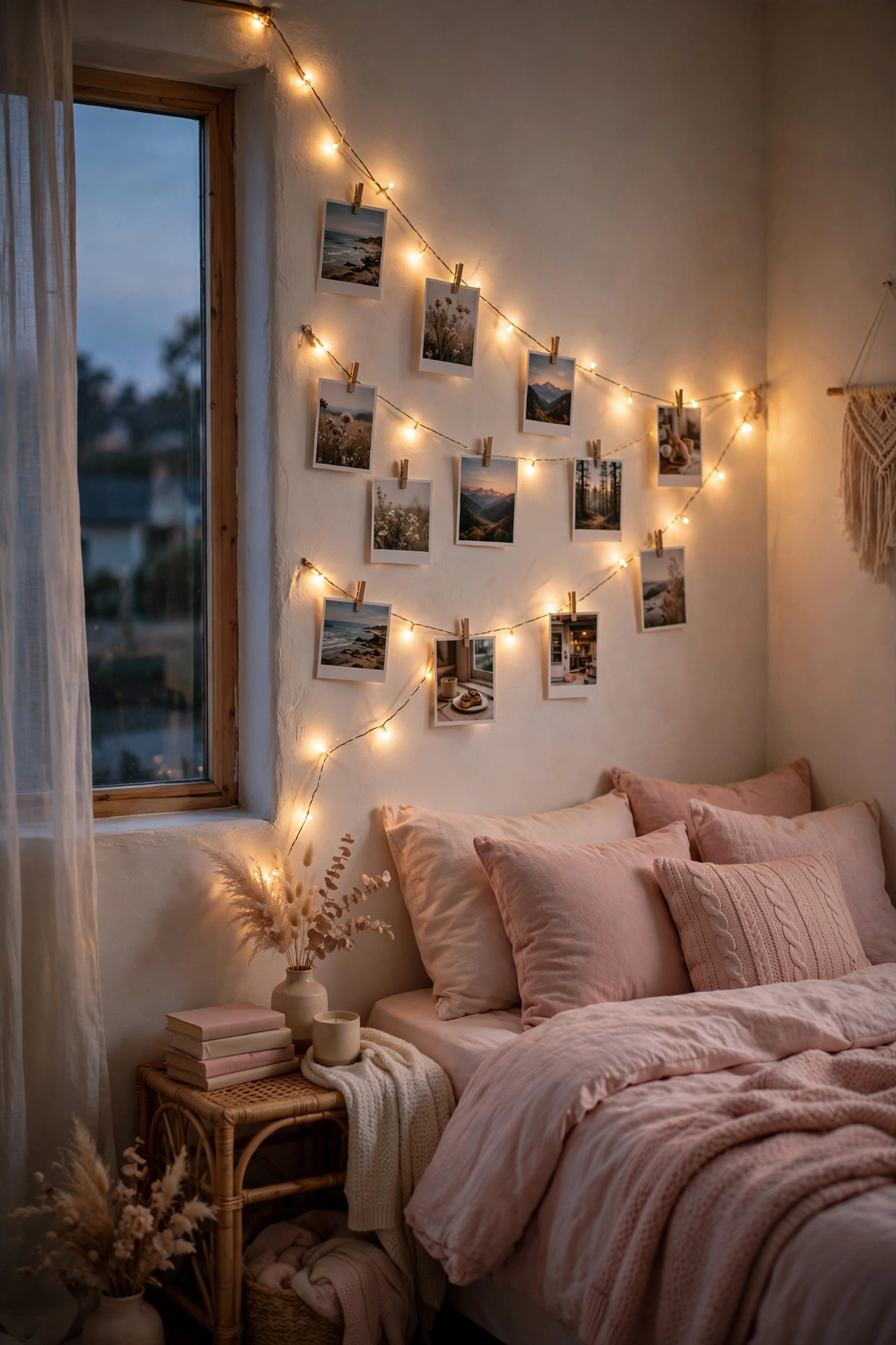 Teen girl bedroom wall with warm fairy lights and photos clipped with wooden clothespins