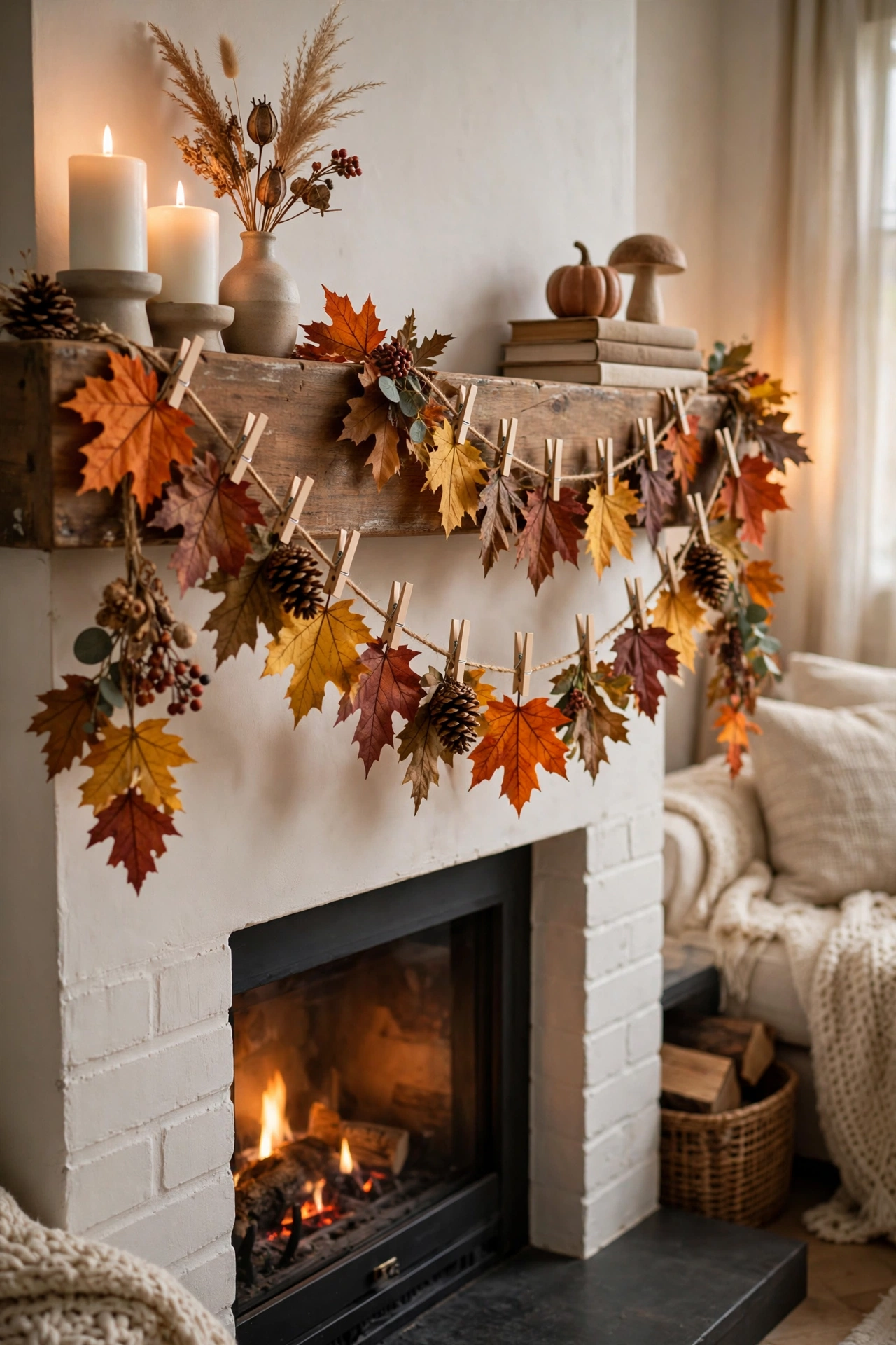 Colorful fall leaf garland strung on twine with mini clothespins across a fireplace mantel