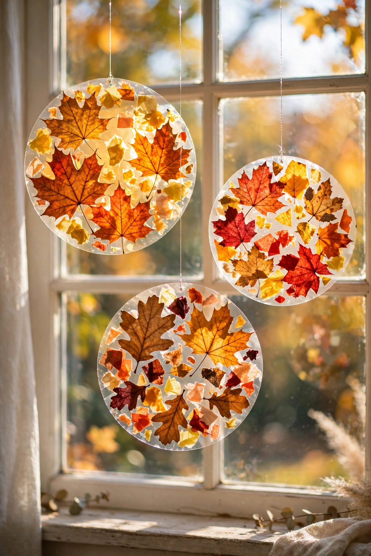 Round leaf suncatchers made with real leaves between contact paper hanging in a sunny window