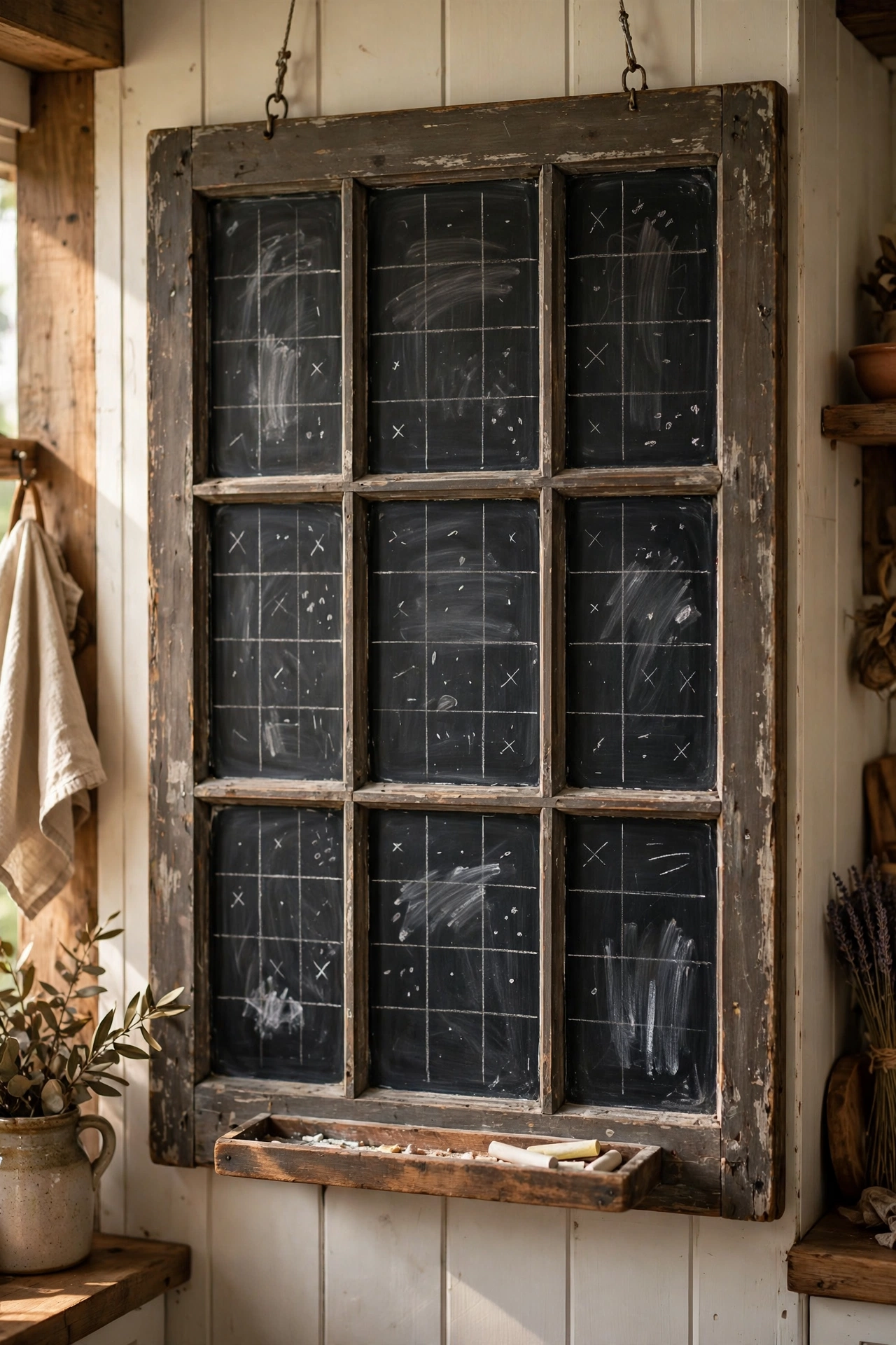 Old window with chalkboard panes ruled into a monthly family calendar grid