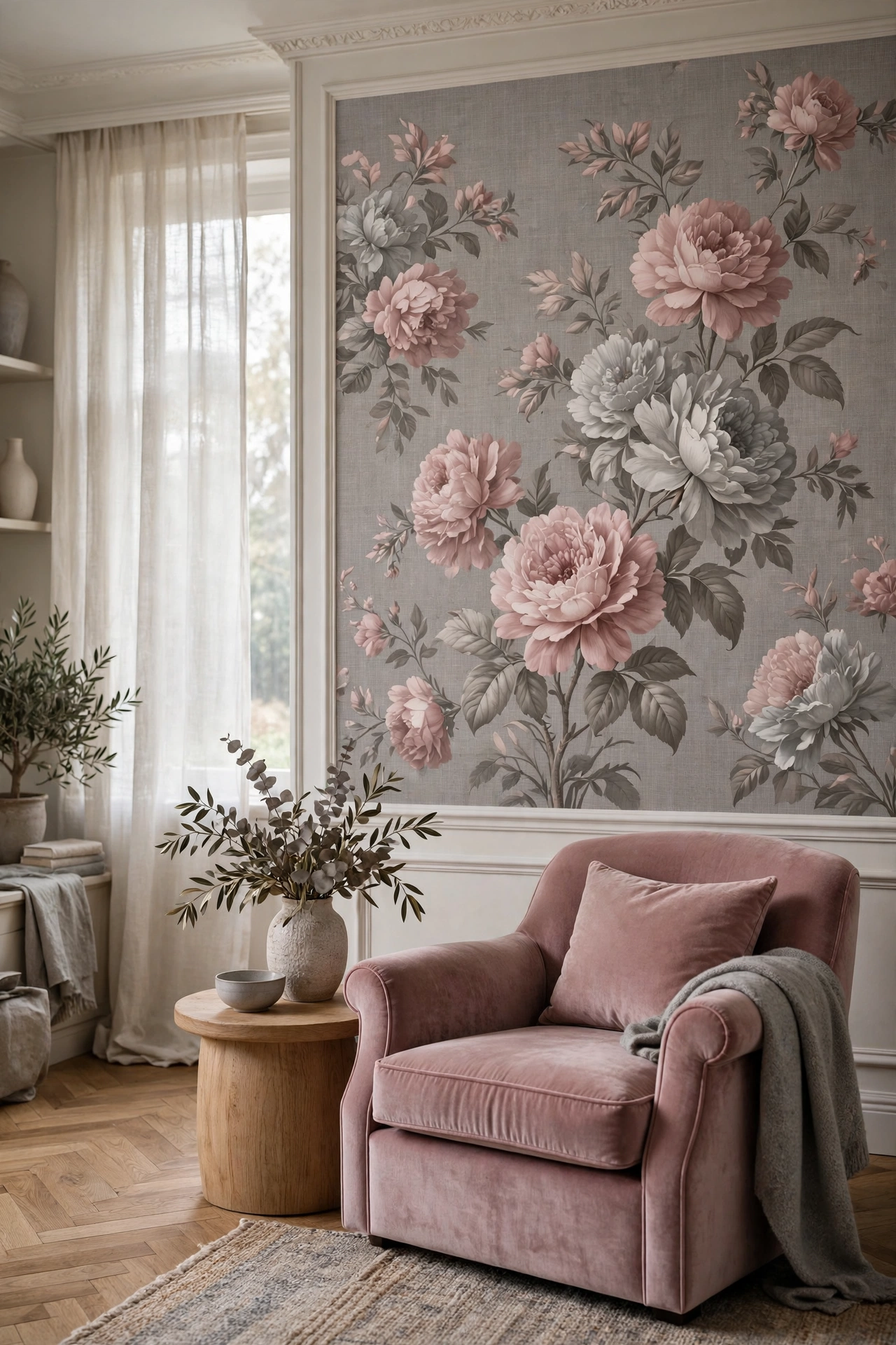 European living room with Fancy Walls dusty rose large-scale floral textile peel-and-stick wallpaper