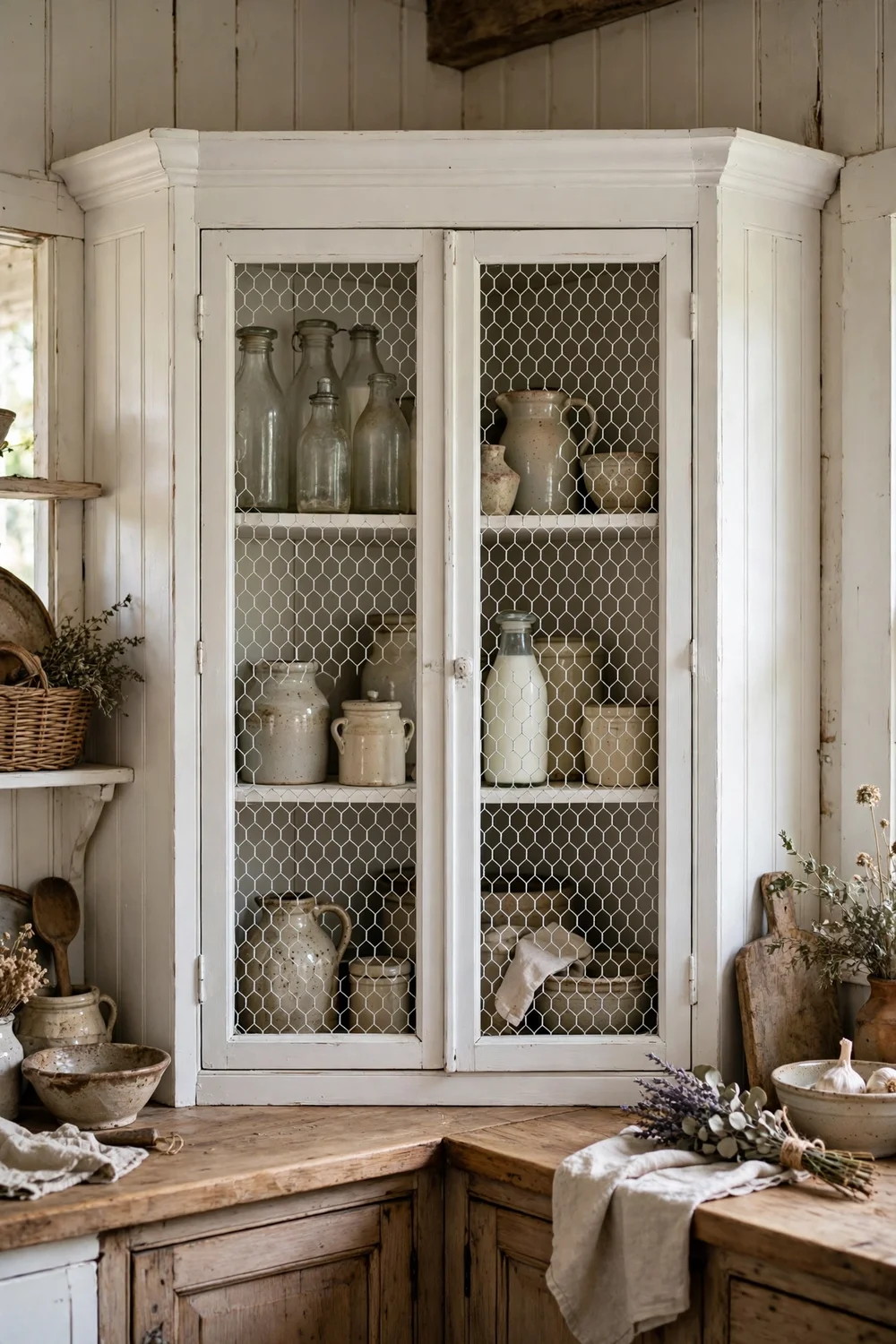 Farmhouse corner cupboard with chicken wire doors painted white in rustic kitchen