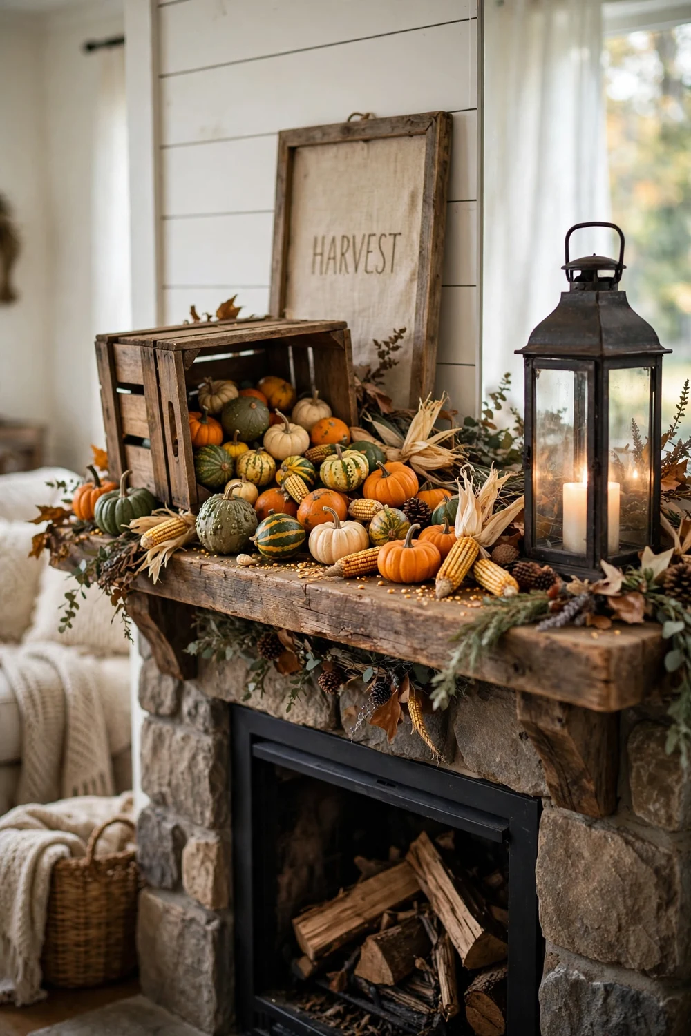Wooden crate overflowing with gourds and mini pumpkins on farmhouse fall mantel