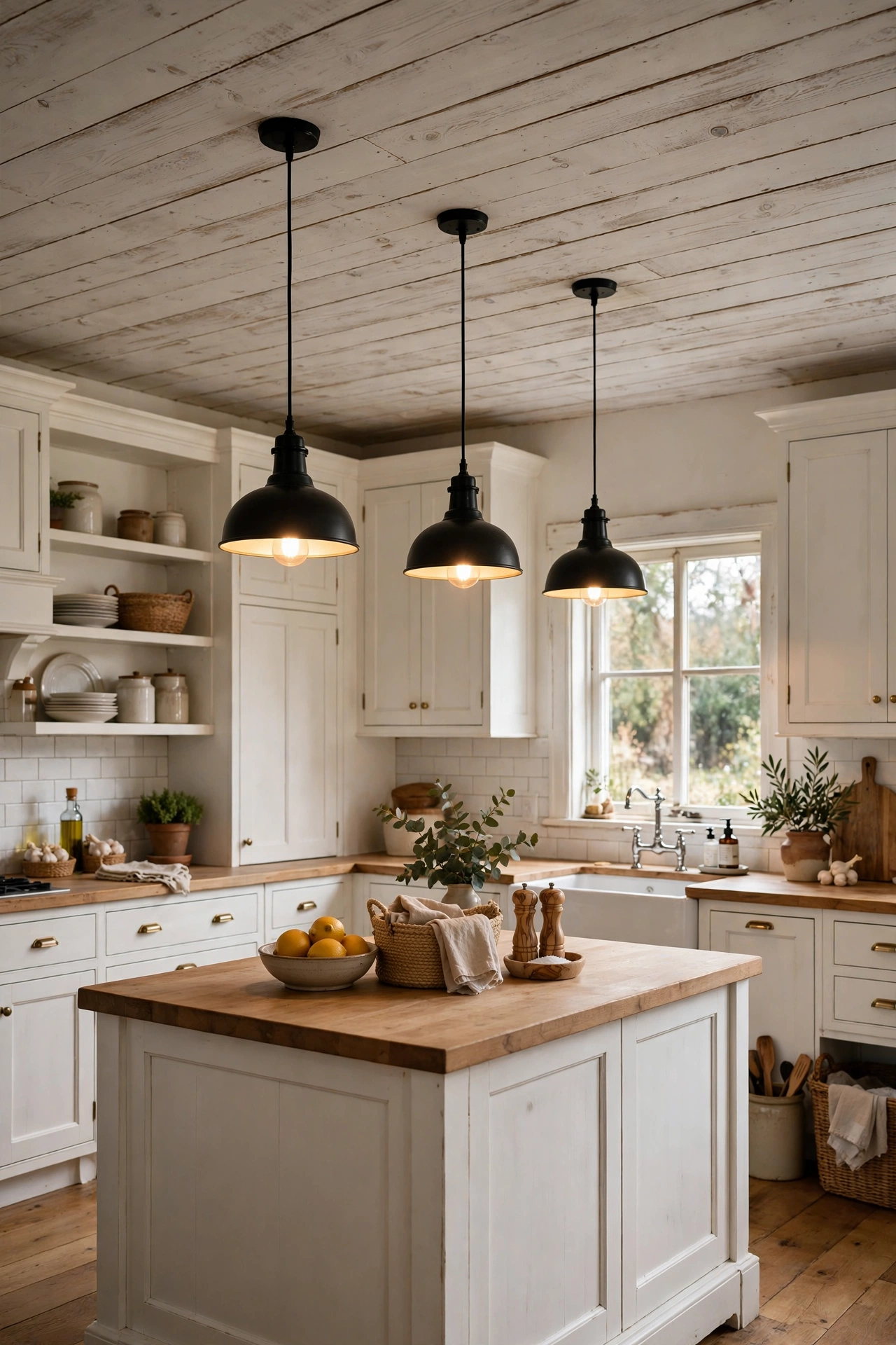 Whitewashed wood plank ceiling in a farmhouse kitchen with island pendants