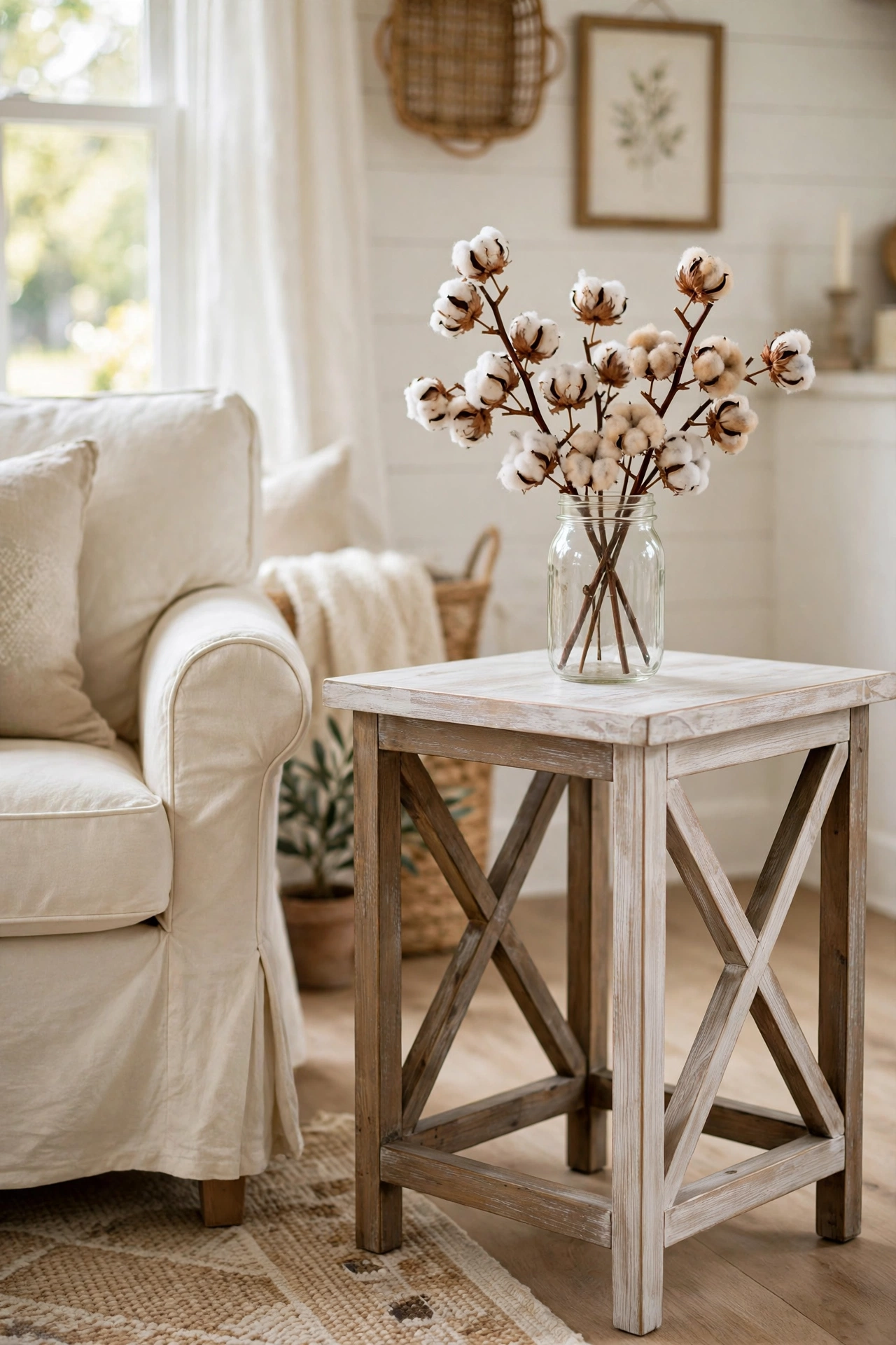 Farmhouse wooden side table with X-frame sides in whitewash beside a slipcovered chair