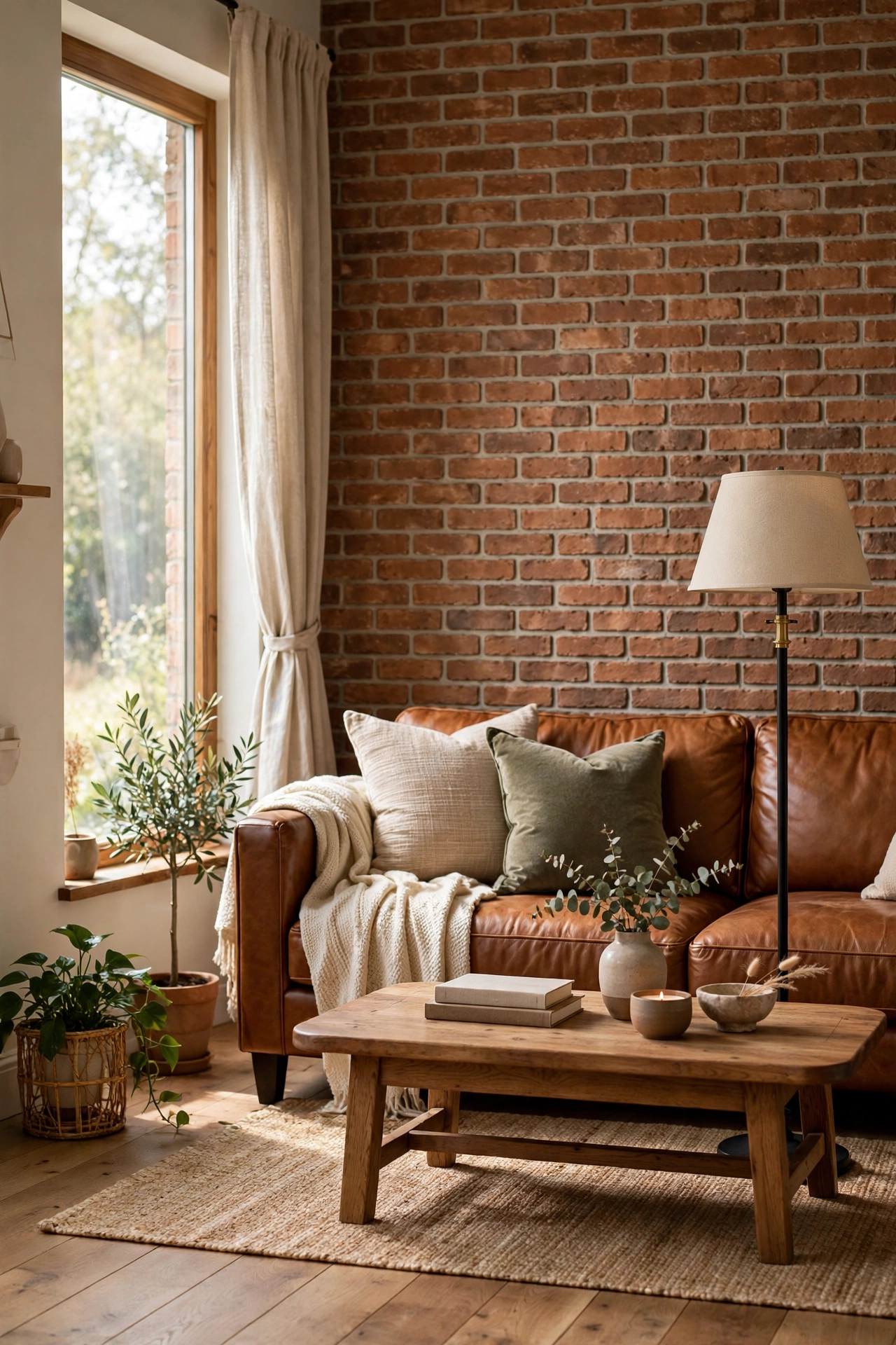 Living room with a faux brick veneer accent wall behind a leather sofa