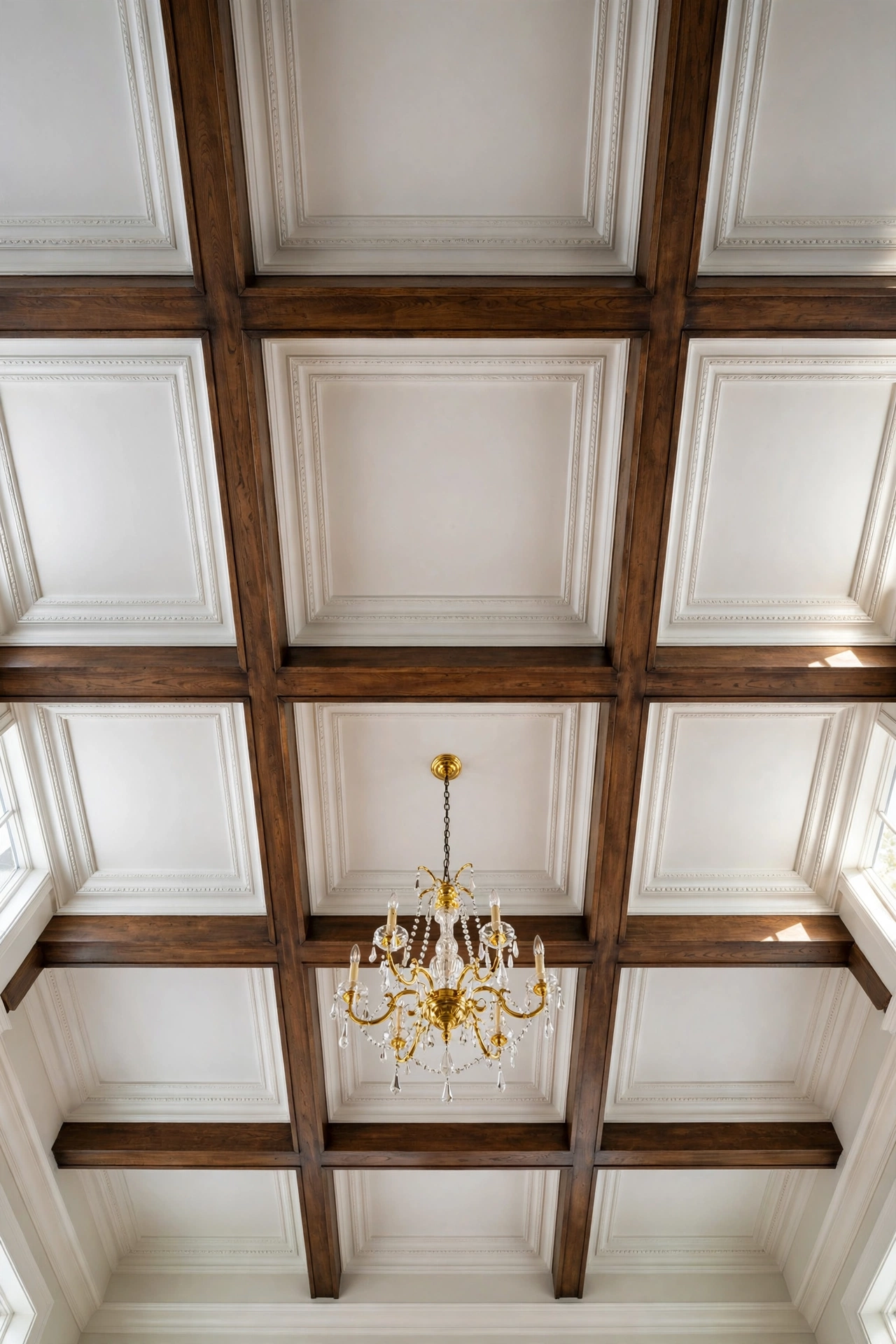 Faux coffered wood beam grid ceiling in an elegant dining room