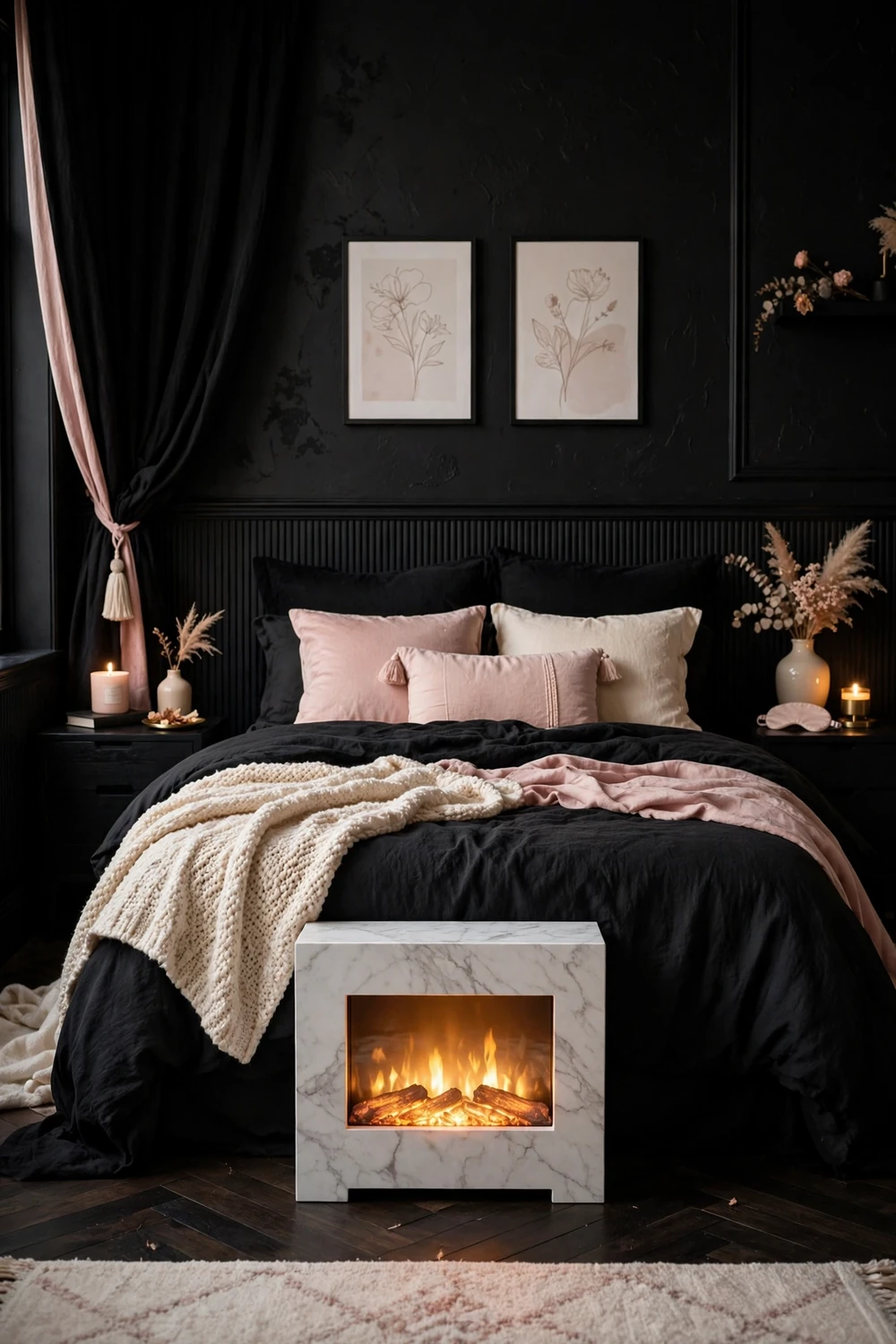 Black bedroom with glowing electric fireplace at the foot of the bed