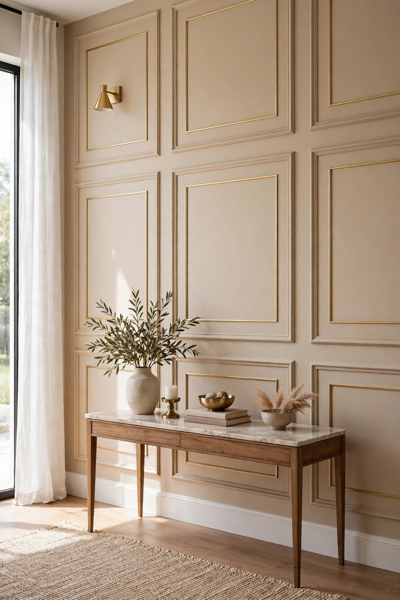 Elegant living room wall with faux painted panel molding rectangles in greige