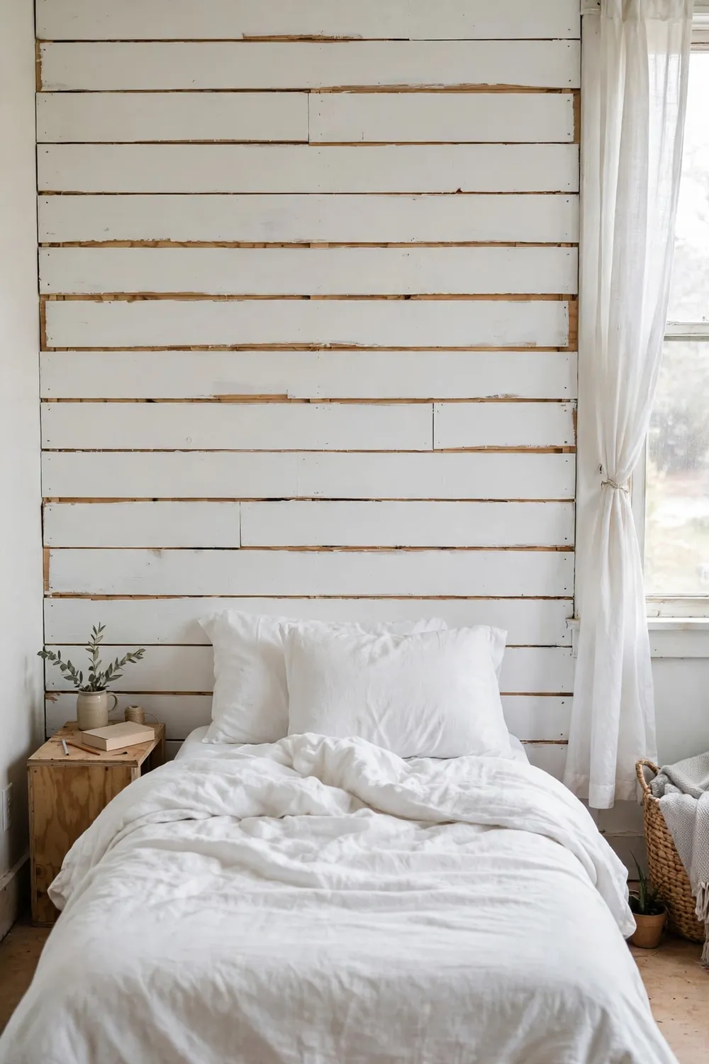 Budget DIY bedroom accent wall made of painted plywood-strip faux shiplap