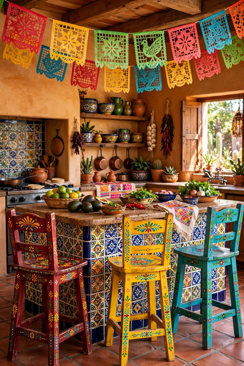 Colorful hand-painted wooden bar stools at a kitchen island in a Mexican kitchen