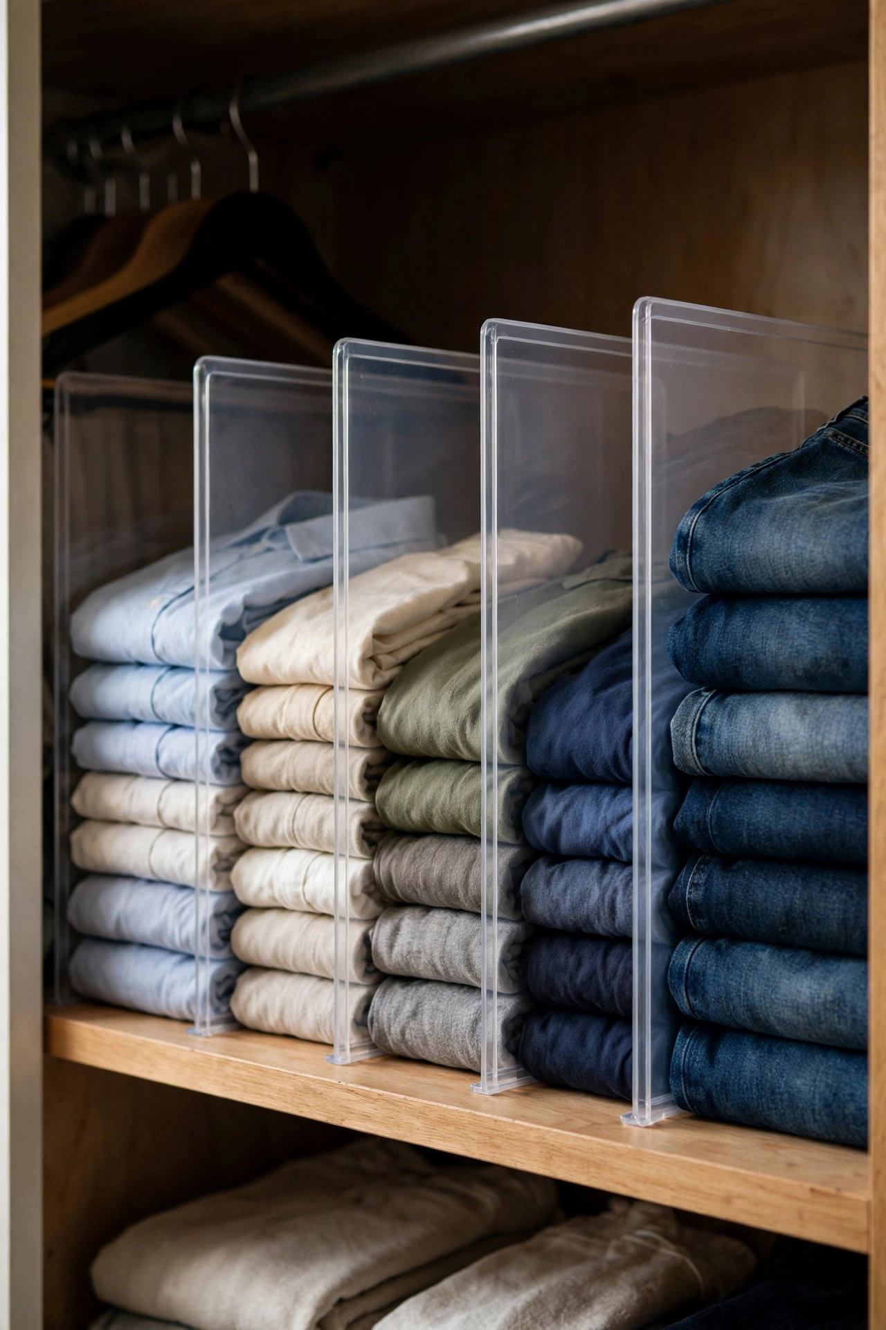 Plastic file sorters used as shelf dividers in a closet keeping folded clothes separated