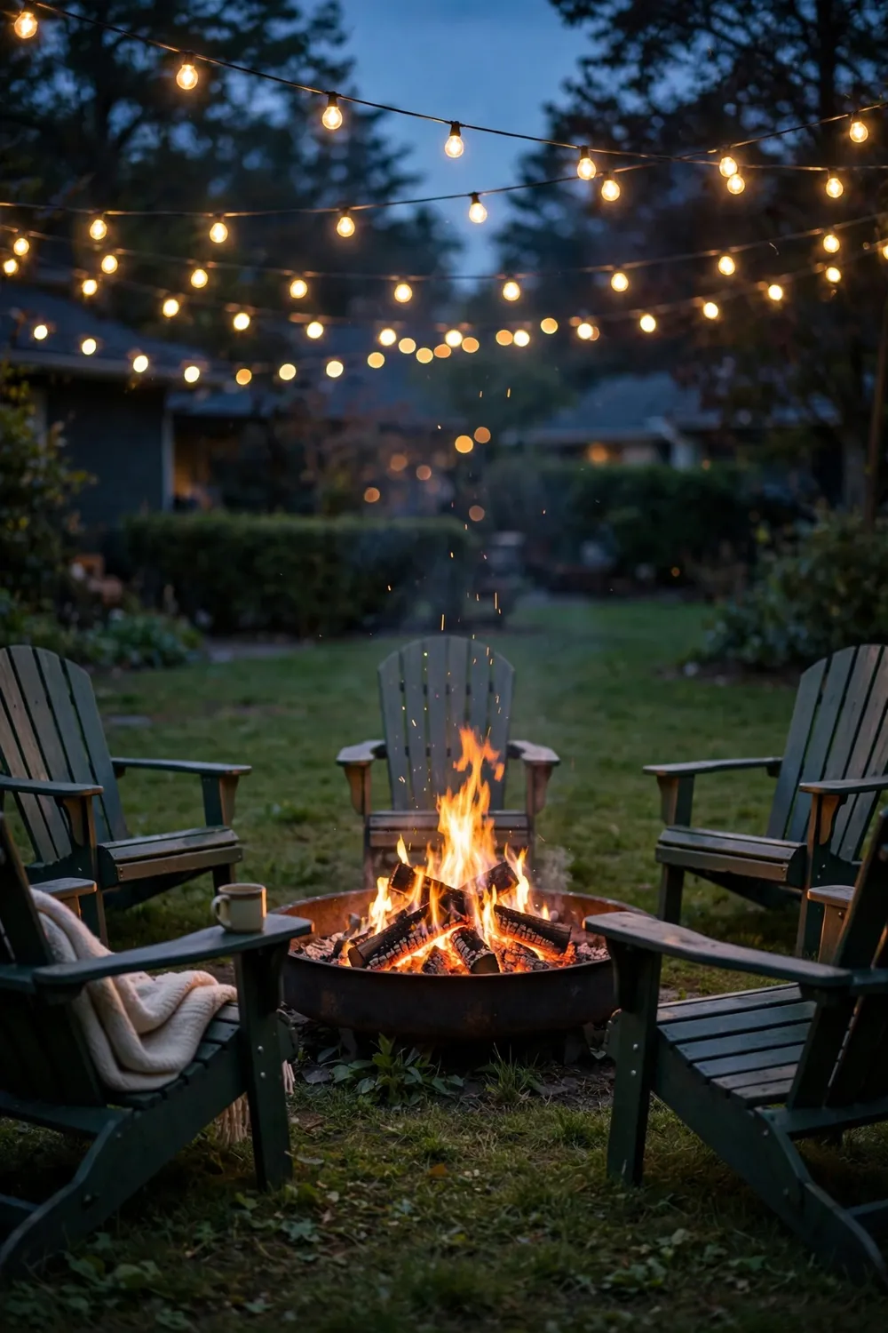 Fire pit gathering circle on a lawn at dusk with Adirondack chairs around a glowing fire pit