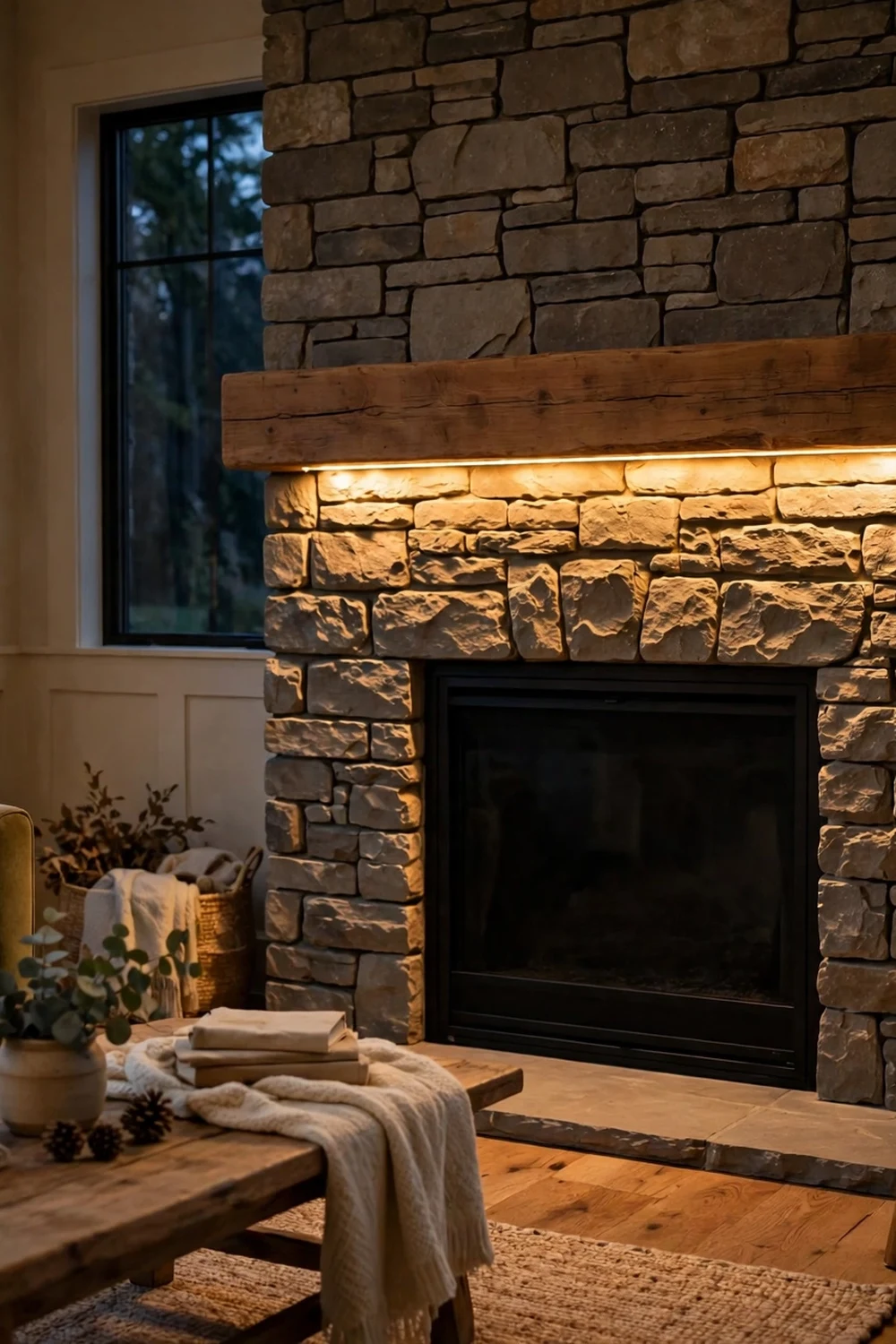 Living room with a hidden warm LED strip under a wooden fireplace mantel glowing down the stone
