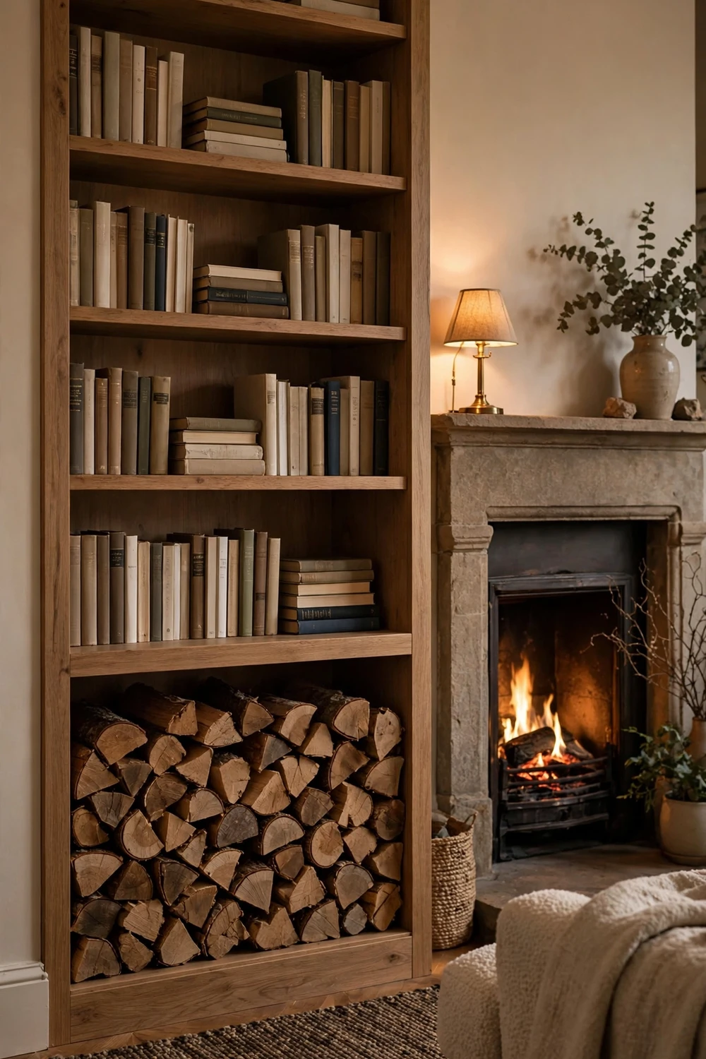Built-in firewood storage niche beside bookshelves around a fireplace