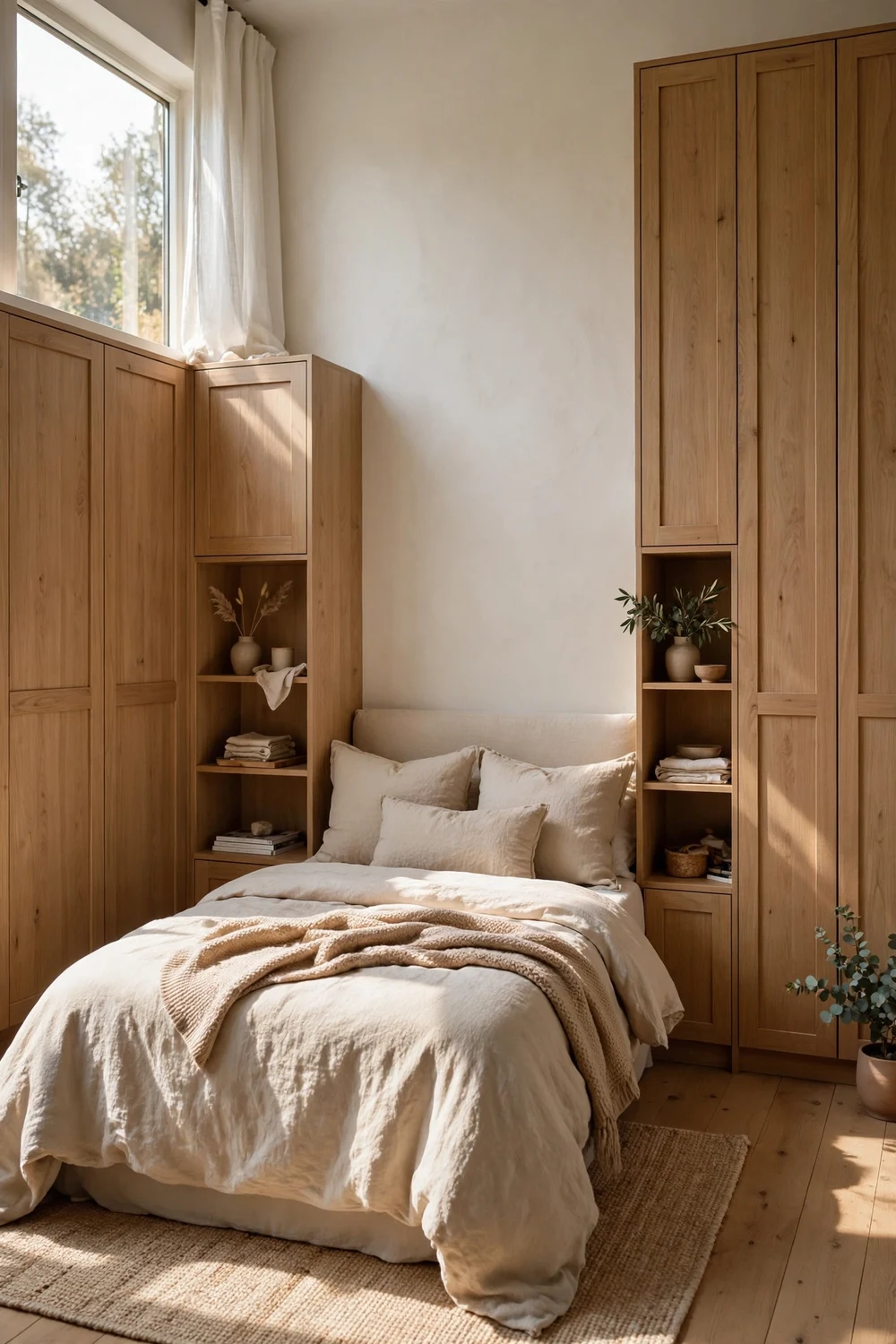 Fitted wardrobes on both sides of a bed with integrated built-in nightstand shelves