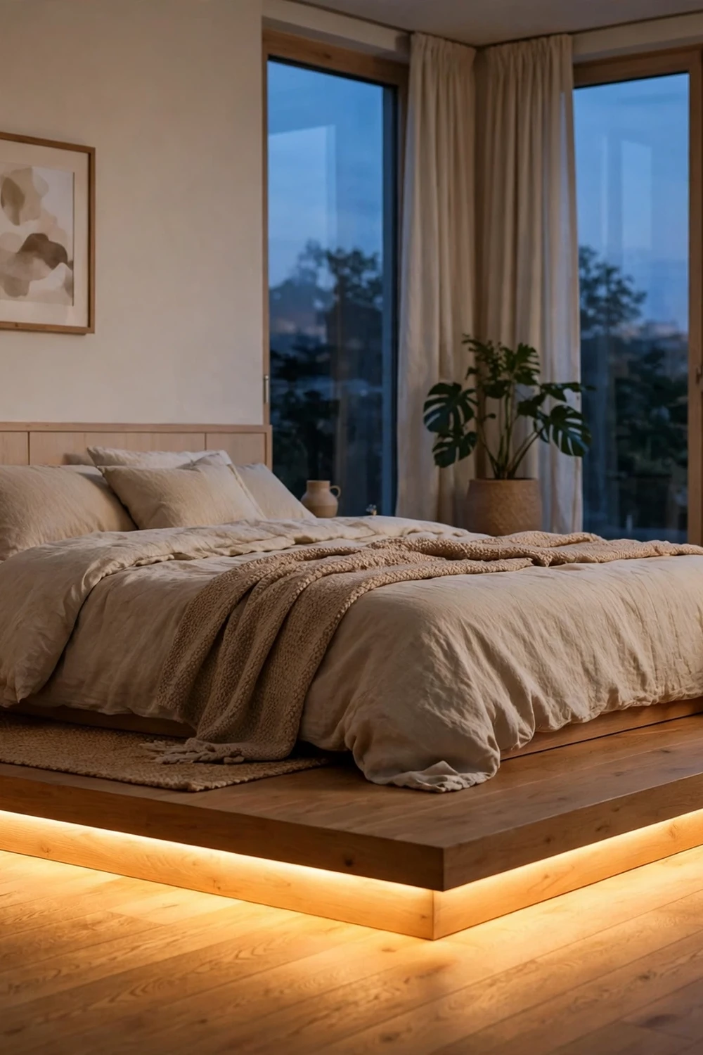 Bedroom at dusk with a warm LED strip under a low platform bed making it appear to float