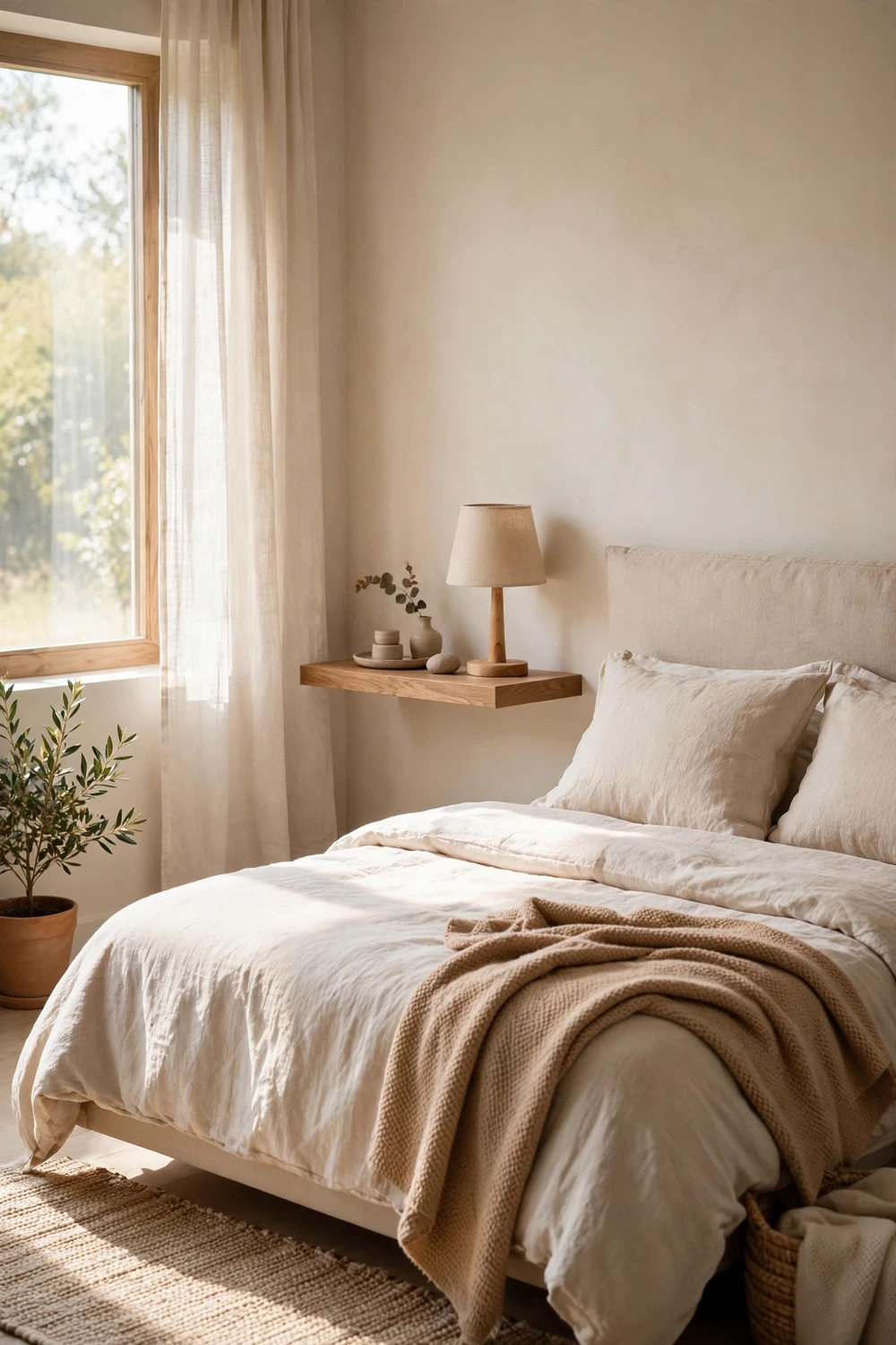 Small bedroom with a floating wall-mounted bedside shelf with a lamp next to the bed