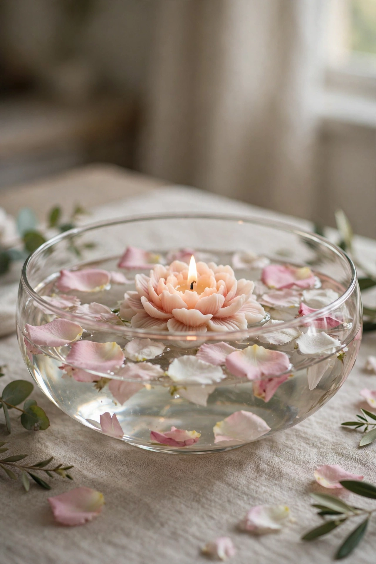 Floating flower candle with small flame in a glass bowl of water with petals