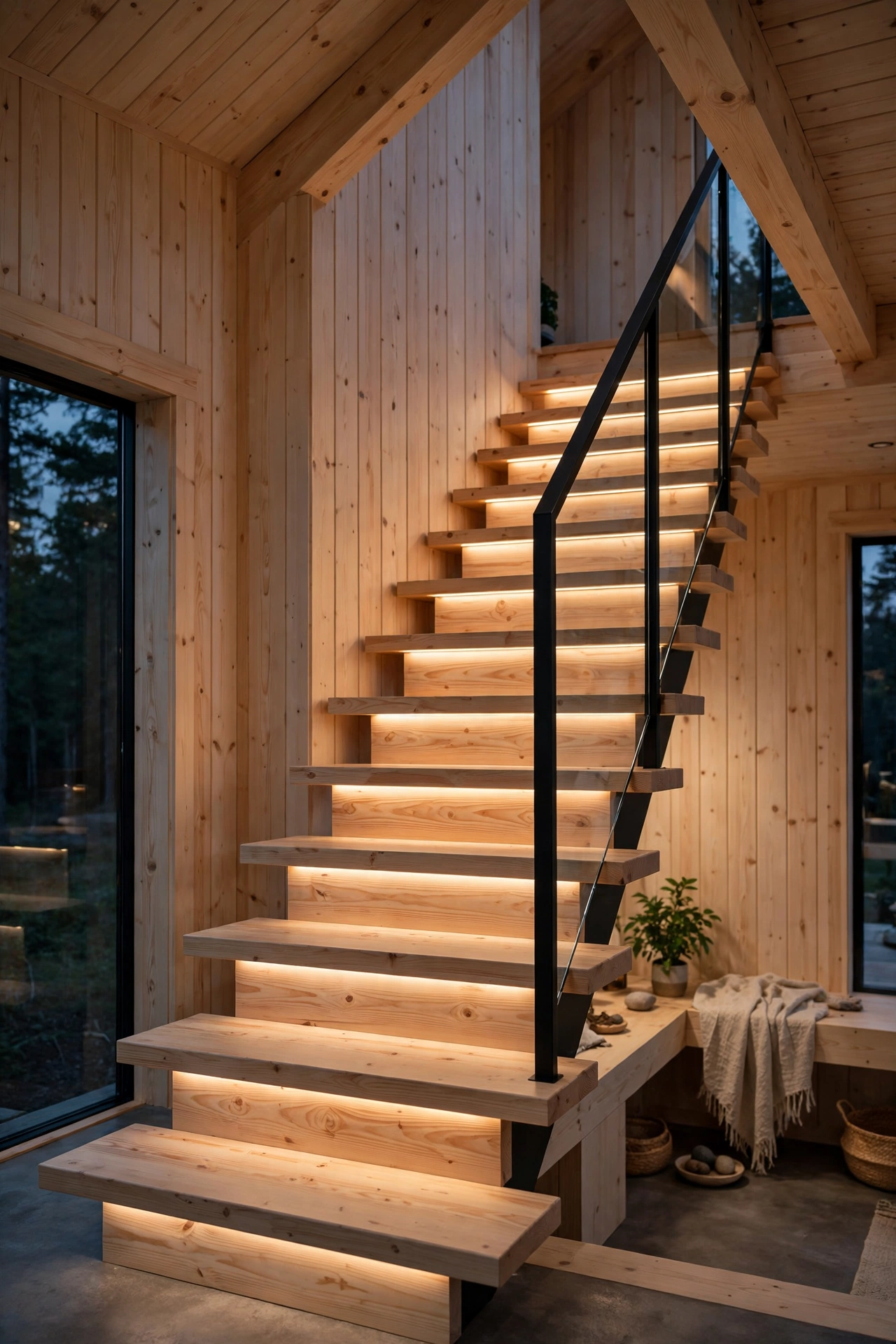 Floating pine staircase with glass railing in a modern cabin interior