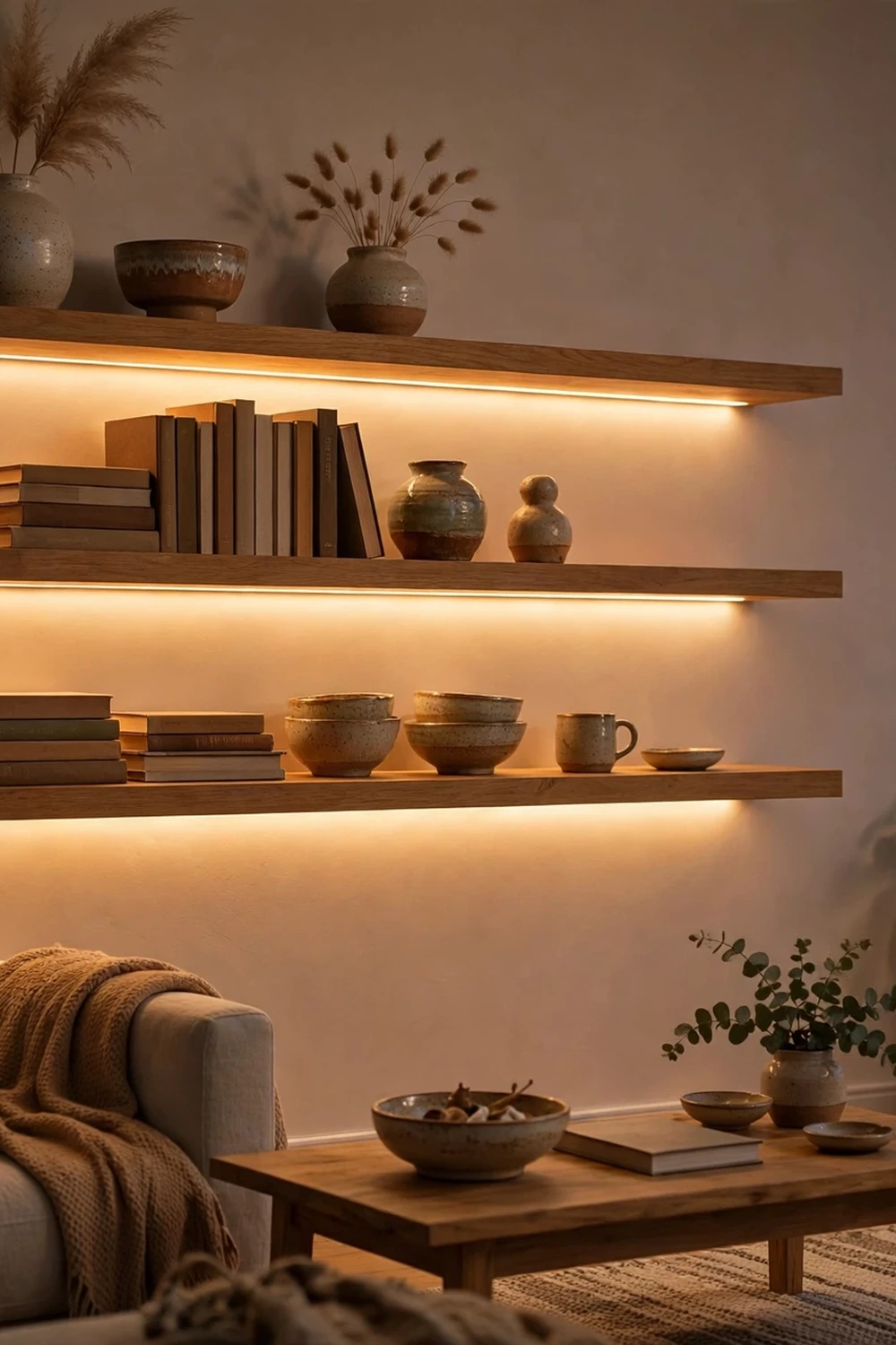 Living room with wooden floating shelves lit by hidden LED strips underneath