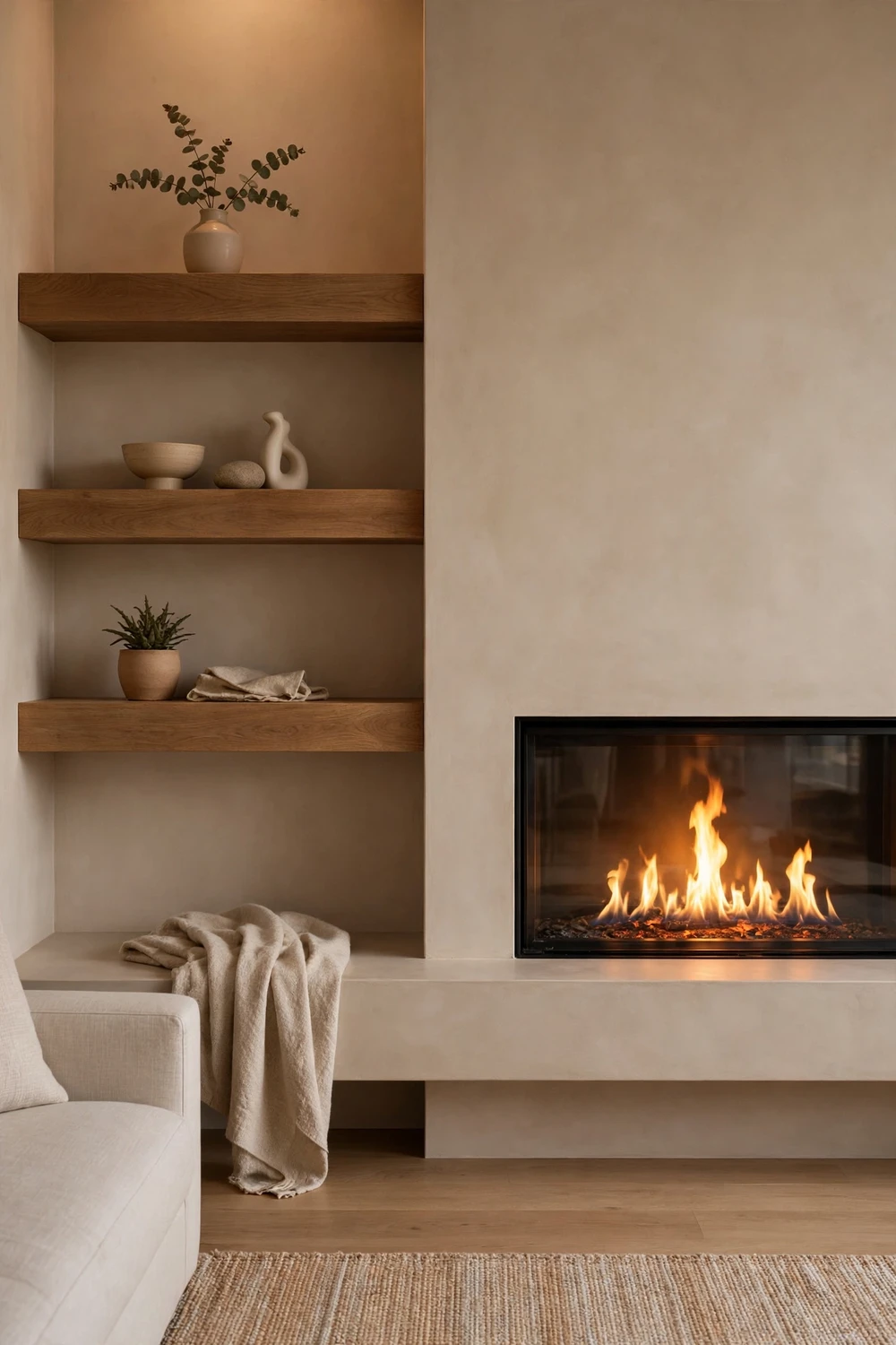 Minimalist floating wooden shelves beside a modern linear fireplace