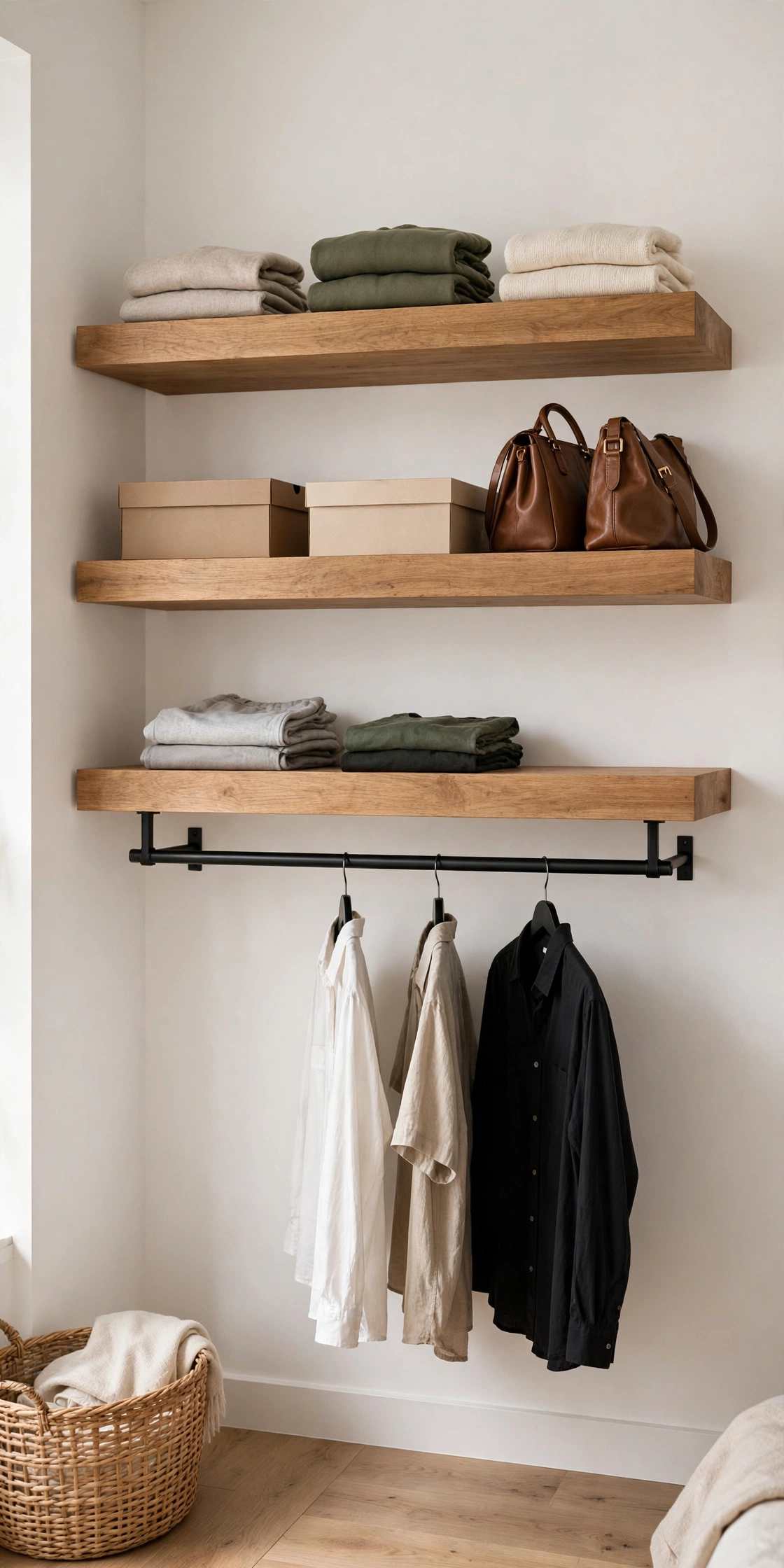 Three wooden floating shelves with folded clothes above a black metal hanging rod