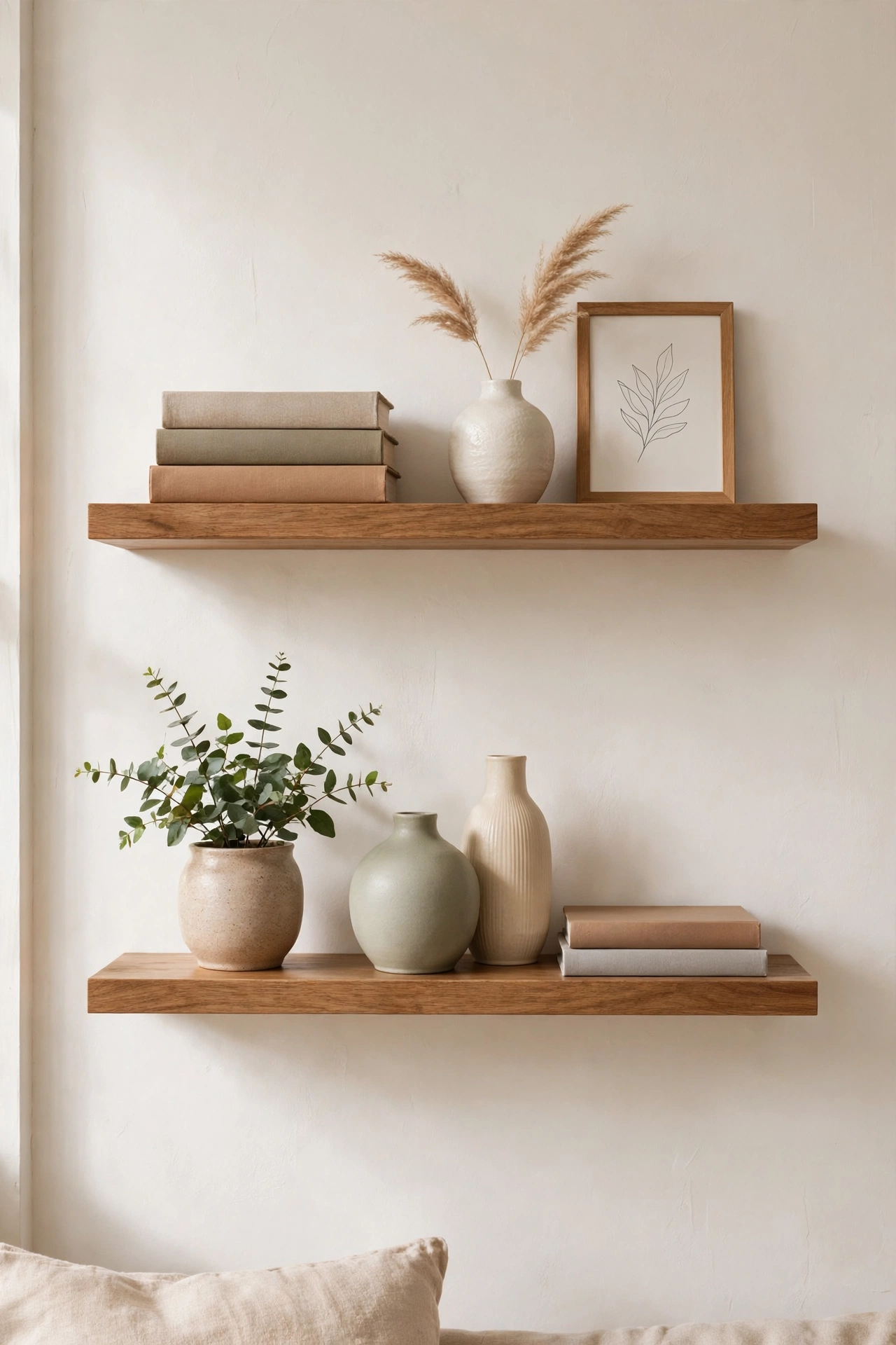 Wooden floating shelves on a living room wall styled with books vases and small plants
