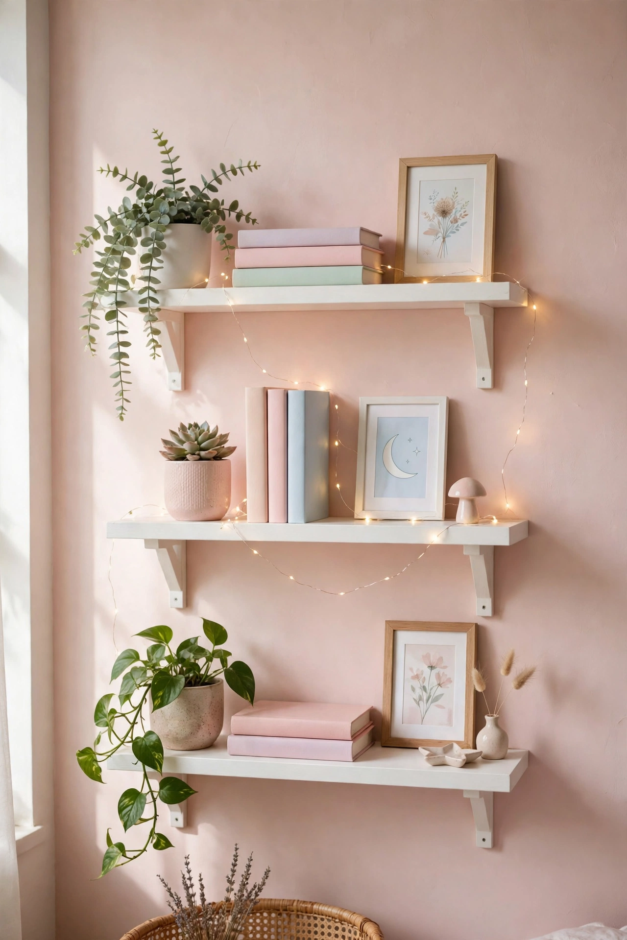White floating shelves styled with plants, pastel books, and fairy lights on a blush wall