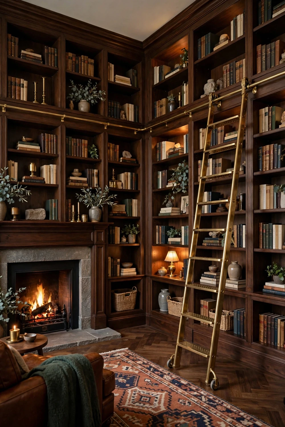 Floor to ceiling bookshelves around a fireplace with a rolling library ladder