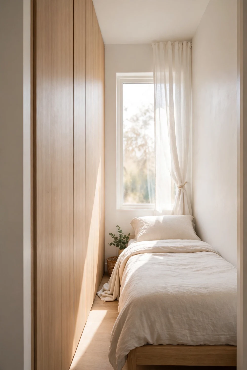 Narrow small bedroom with slim floor-to-ceiling fitted wardrobe next to a single bed