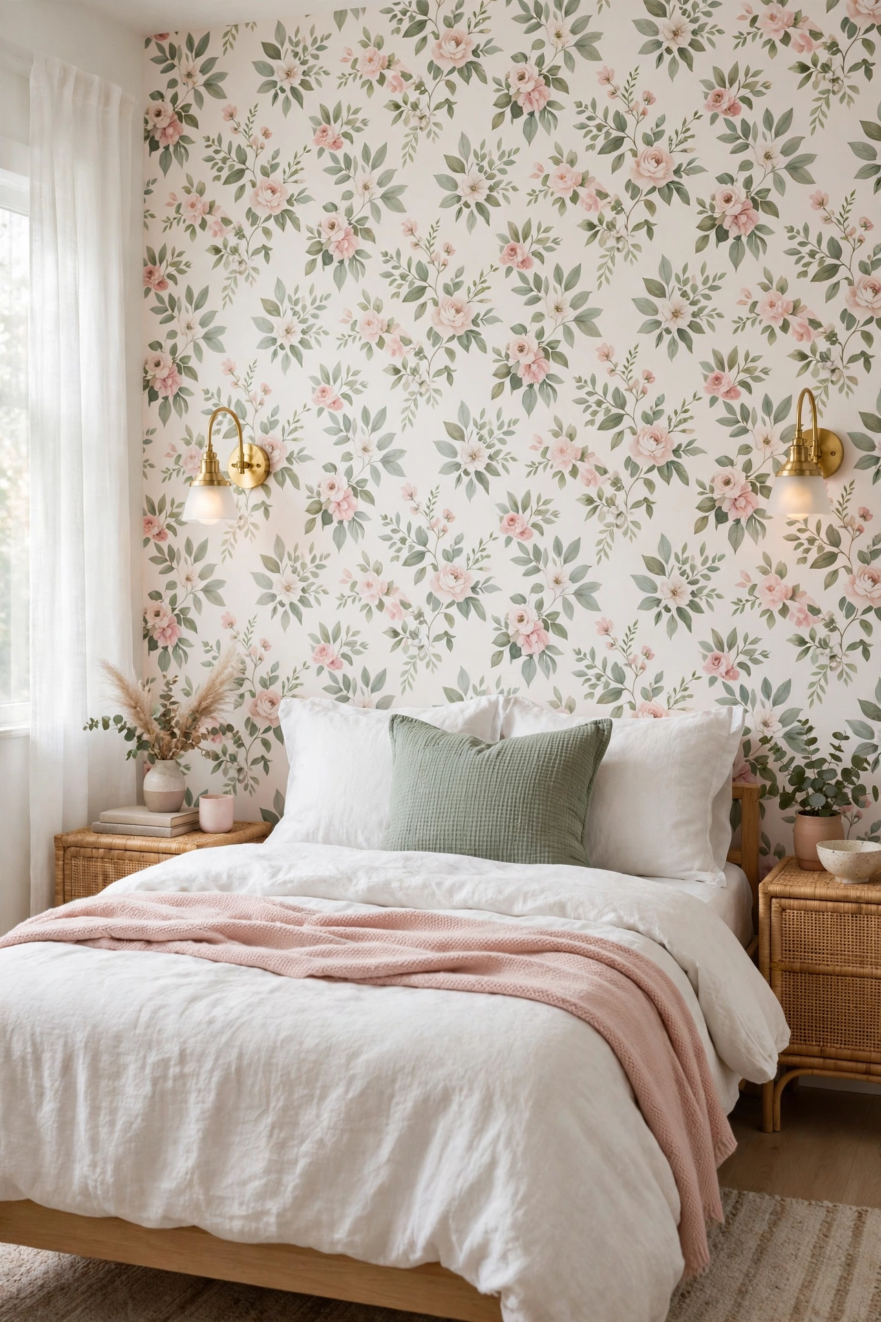 Teen bedroom accent wall with pastel floral peel-and-stick wallpaper behind a white bed