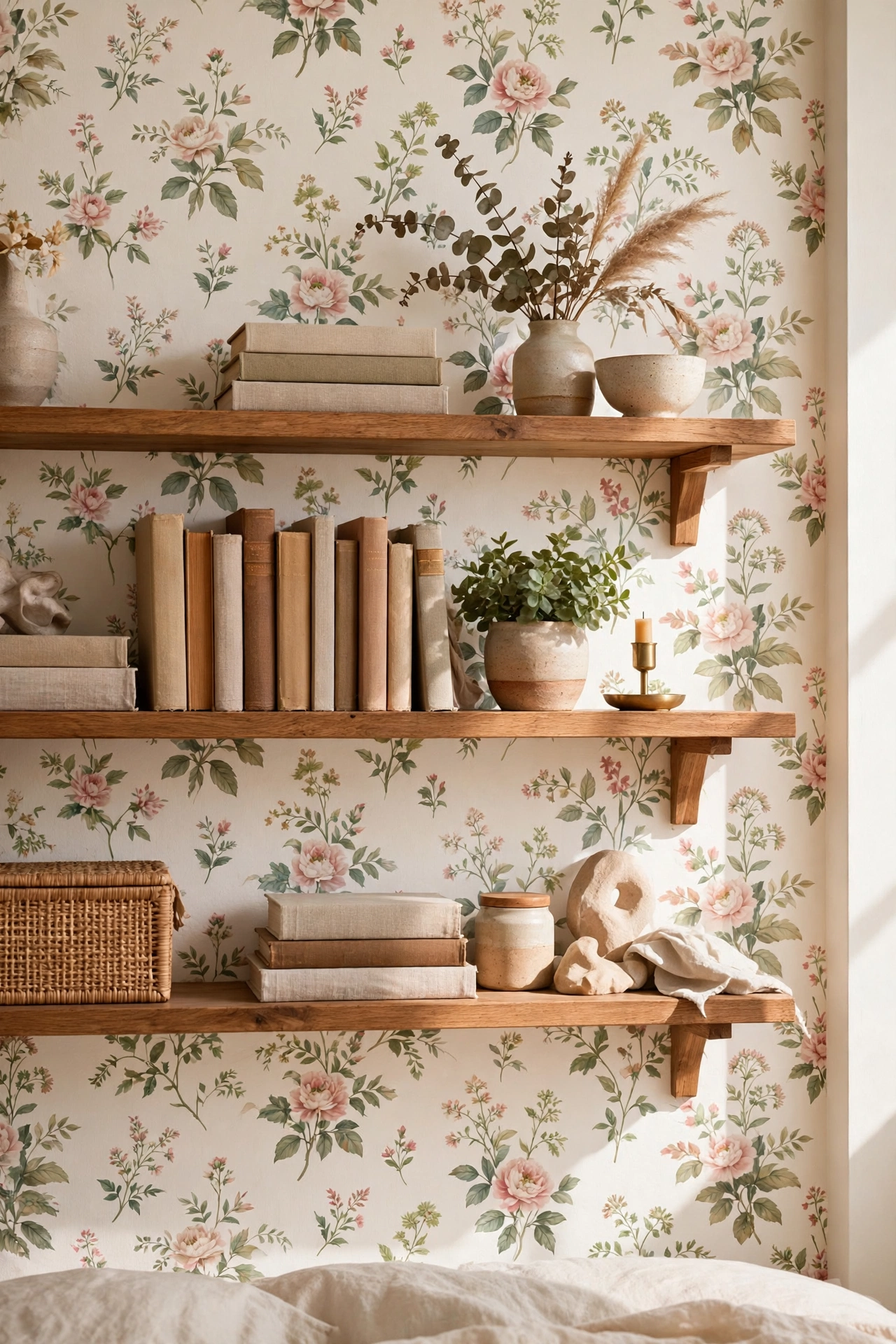 Bedroom with floral wallpaper on bedroom wall behind open wooden shelves with decor