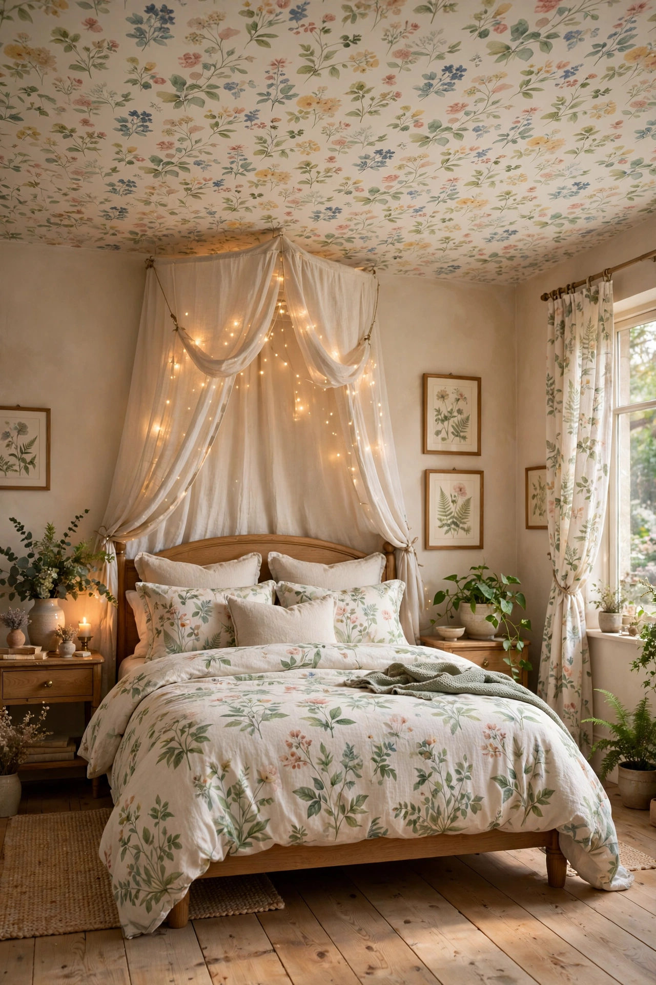 Bedroom with floral wallpaper on the ceiling above the bed, soft garden print