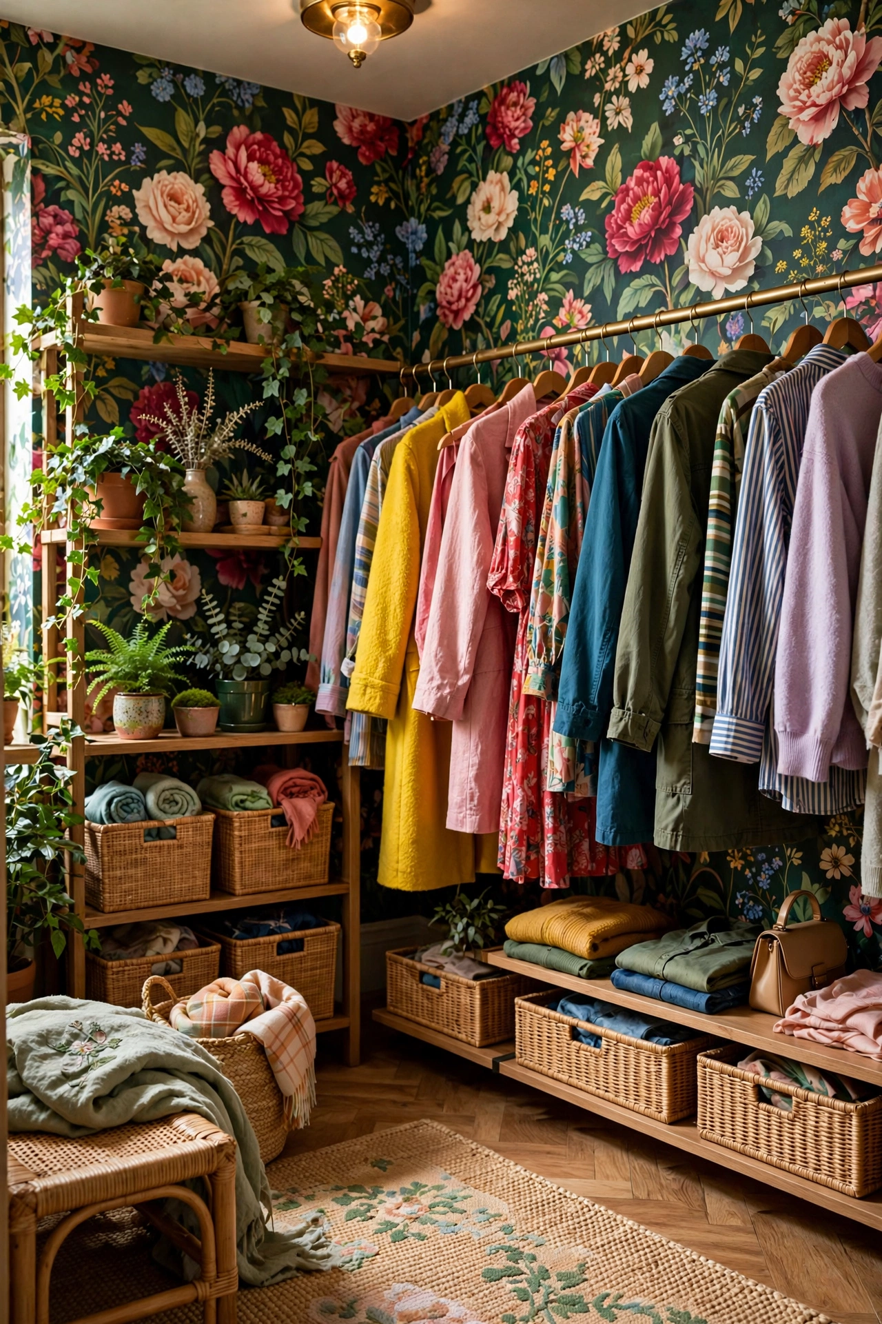 Walk-in closet interior with bold floral wallpaper, a secret garden moment