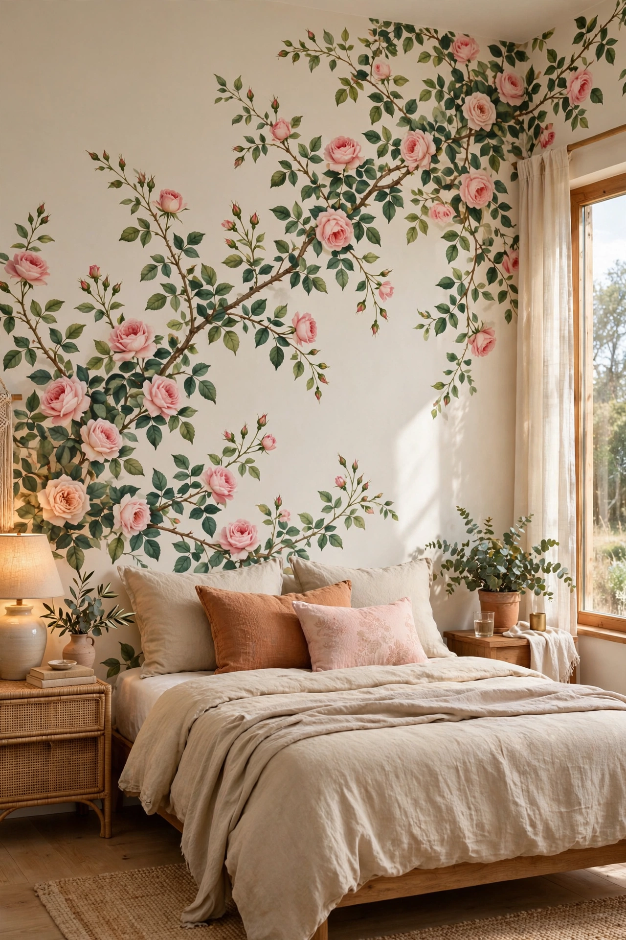 Bedroom with mural-style floral wallpaper showing one continuous climbing rose scene