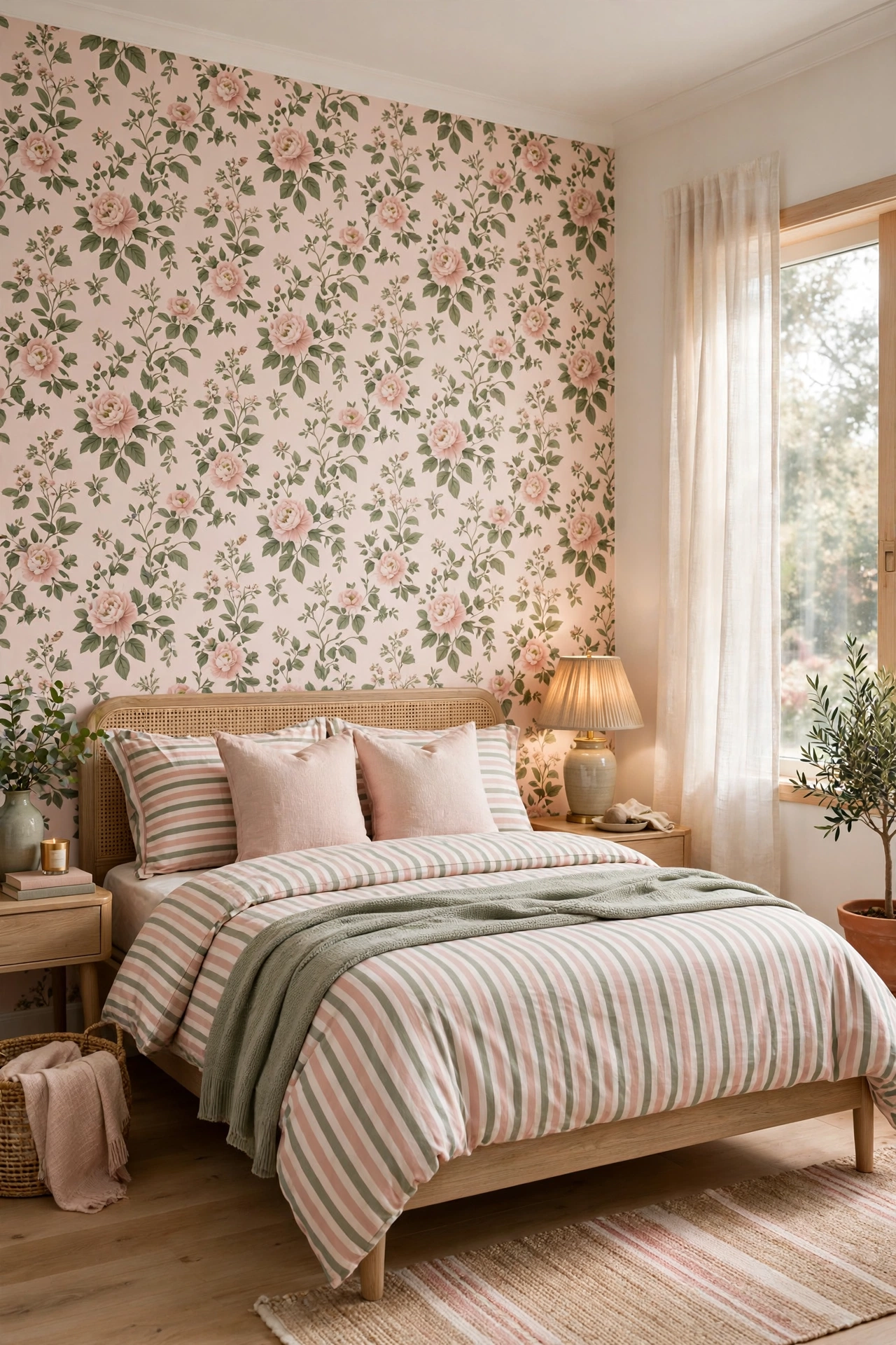 Bedroom combining floral wallpaper accent wall with striped bedding in matching tones