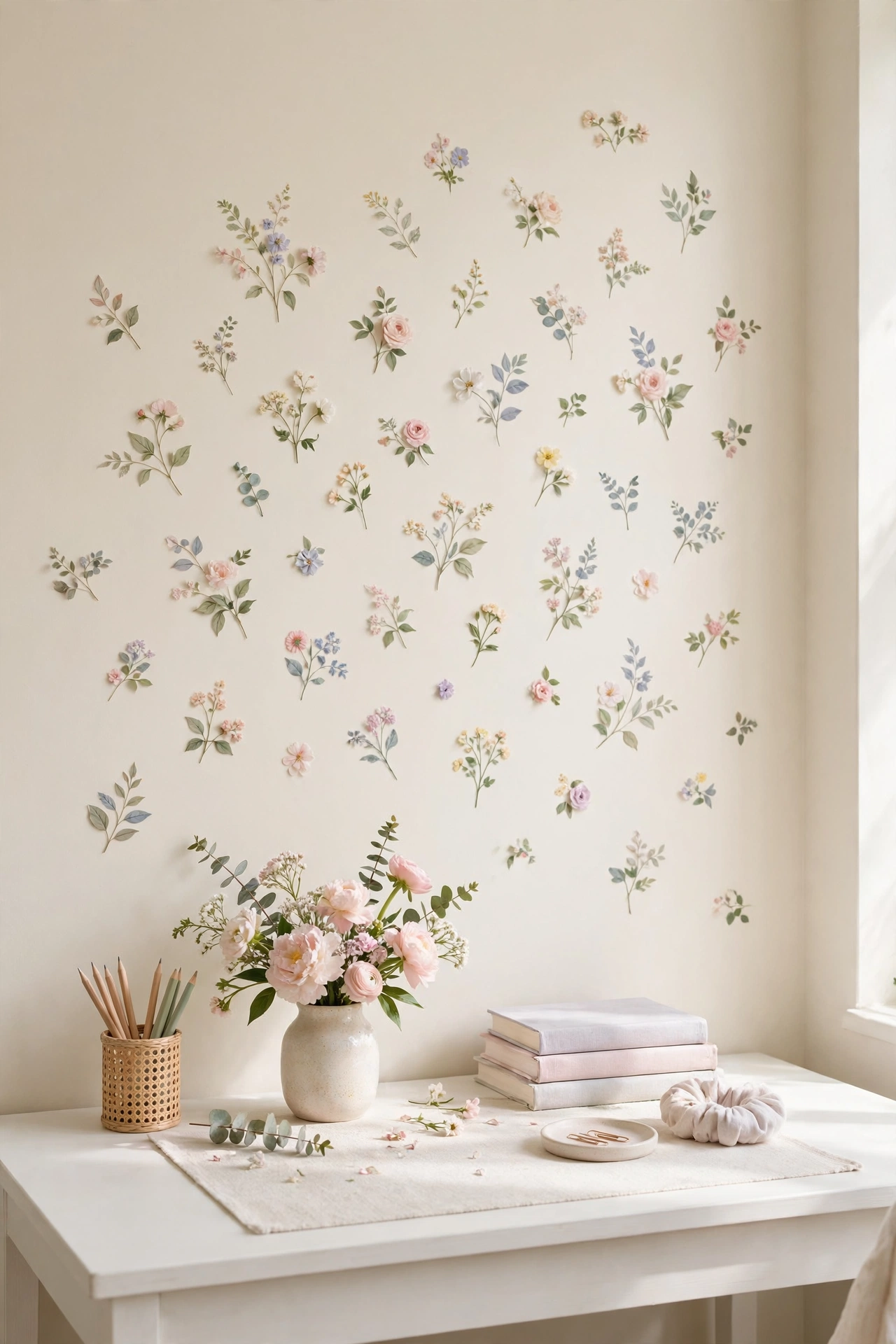 Delicate pastel floral wall decals arranged above a white desk in a teen bedroom