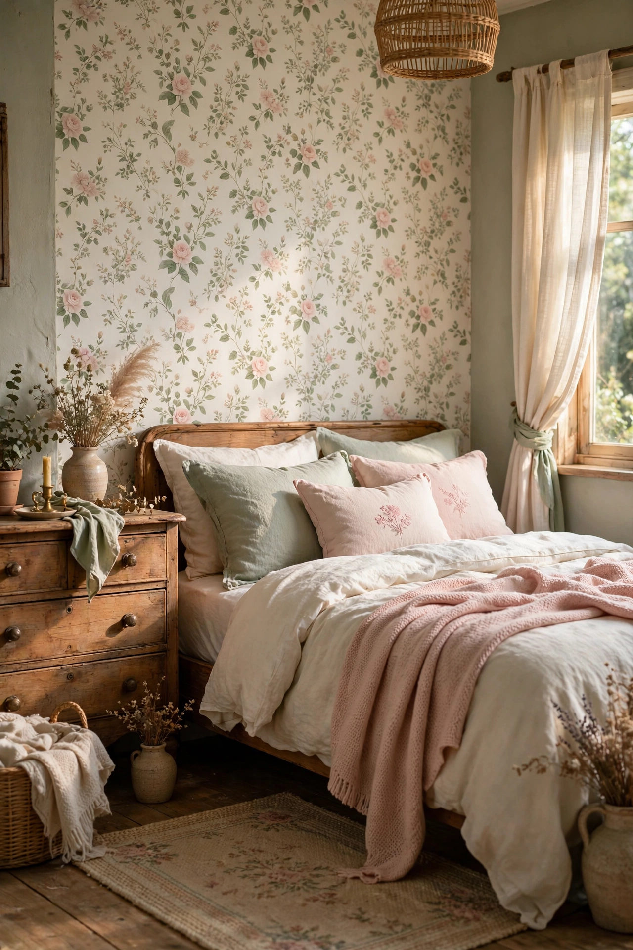 Bedroom with a floral wallpaper accent wall behind the bed and a vintage wooden dresser