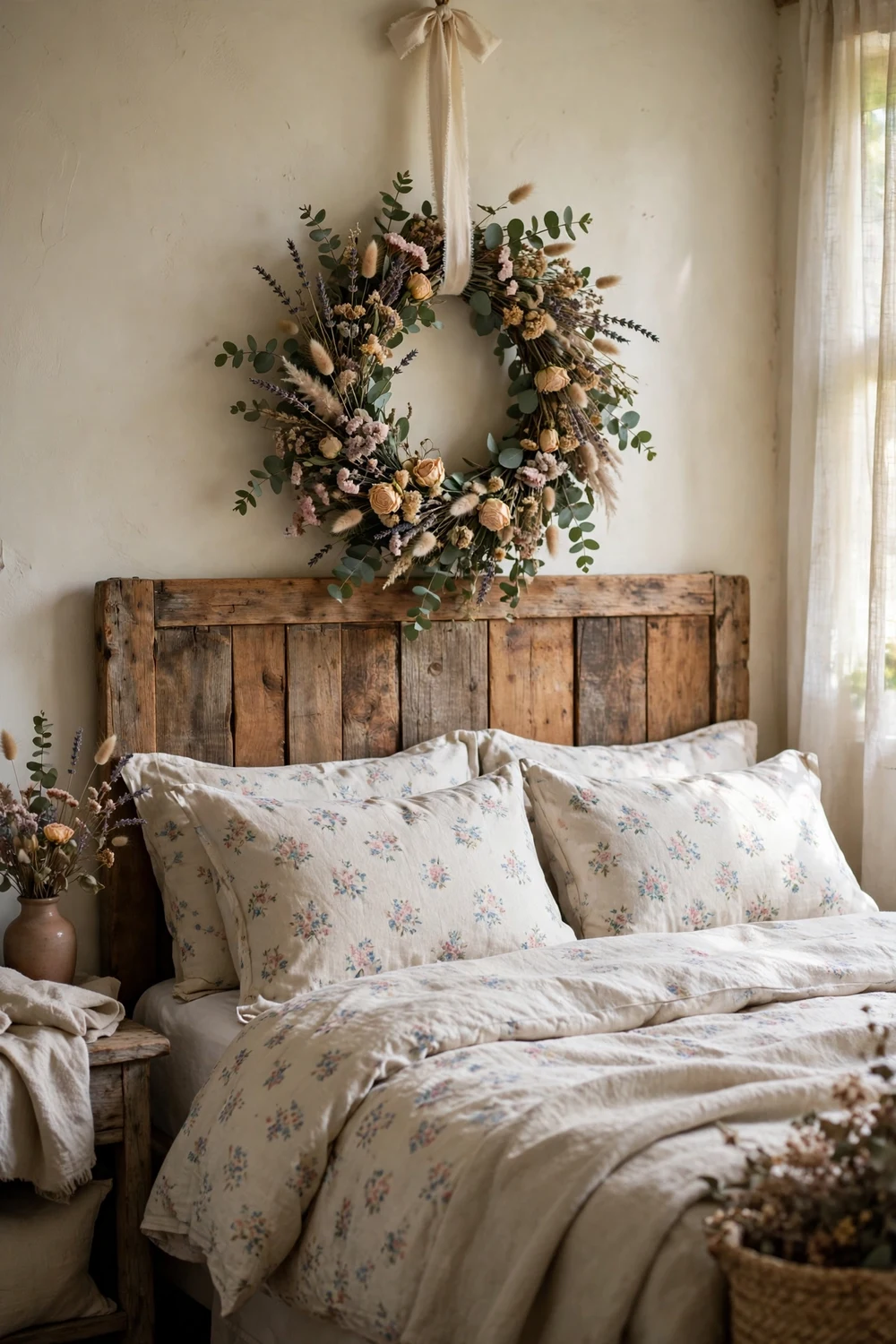 Eucalyptus and dried flower wreath hanging above a wooden headboard