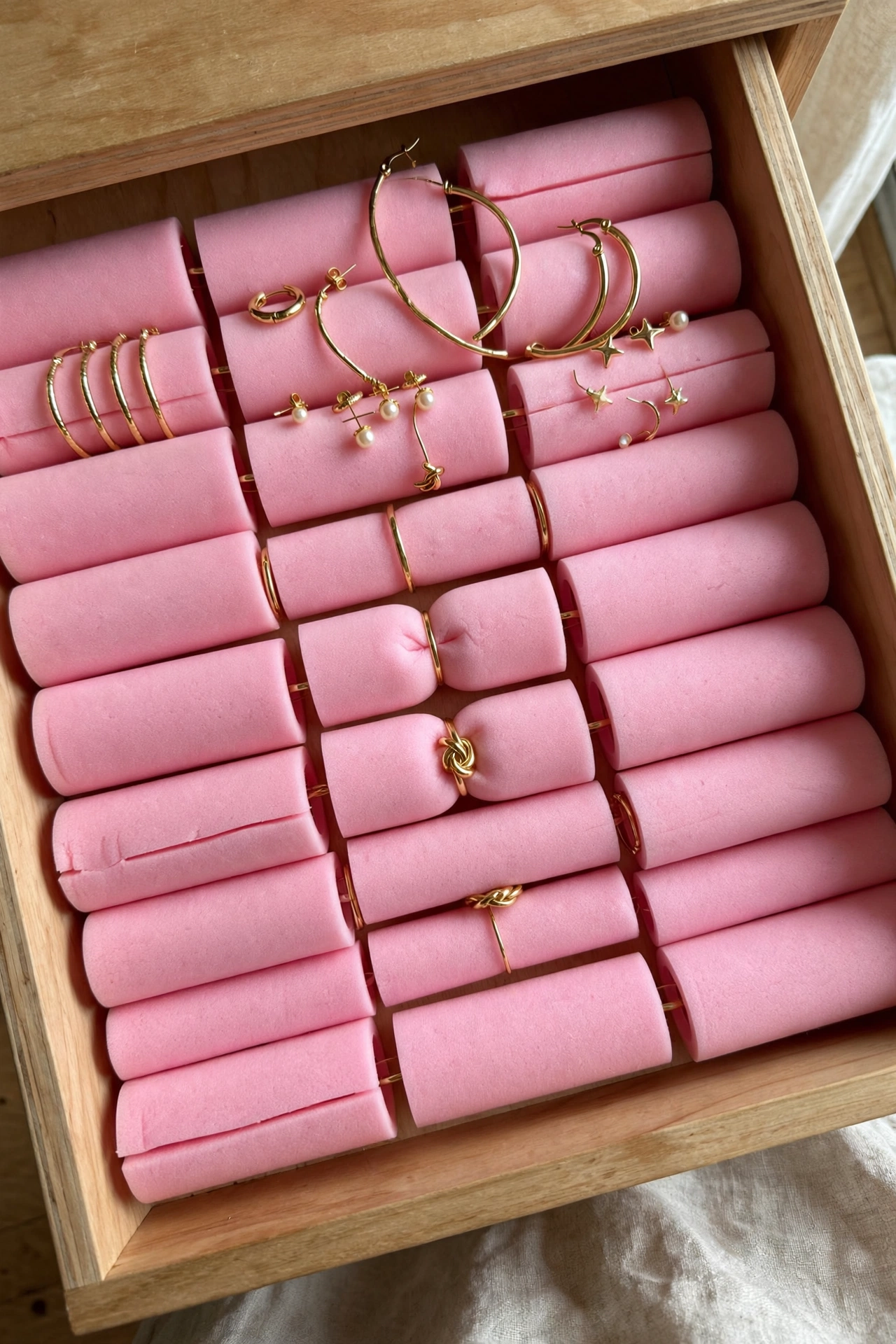 Foam hair rollers lined in a drawer holding rings and earrings as a jewelry organizer