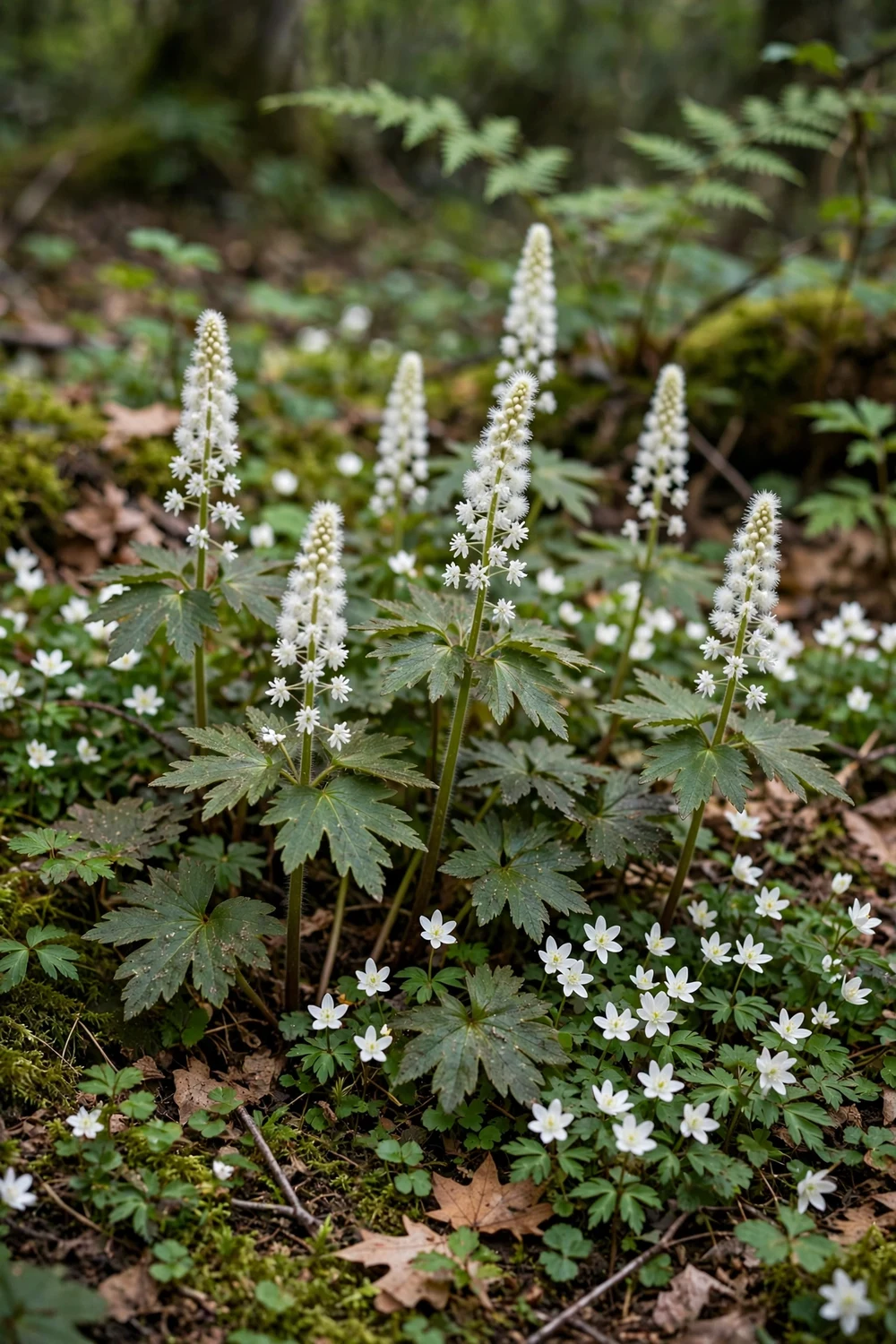 Foamflower with small white spring flowers as ground cover in a shady woodland garden