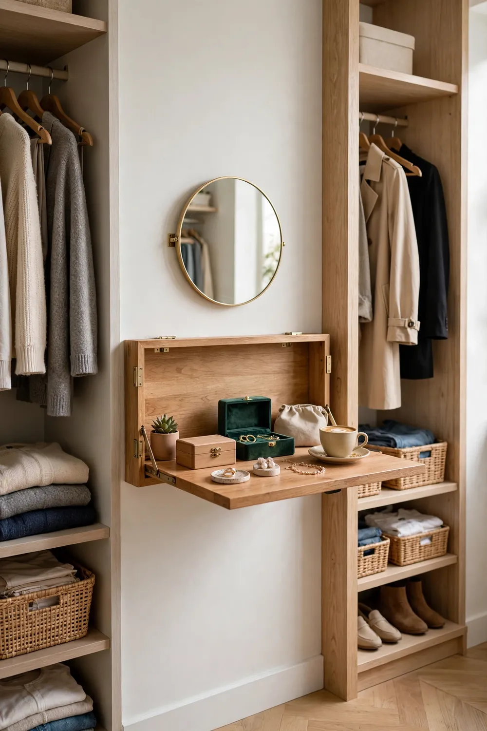 Fold-down shelf inside a closet serving as a small dressing table